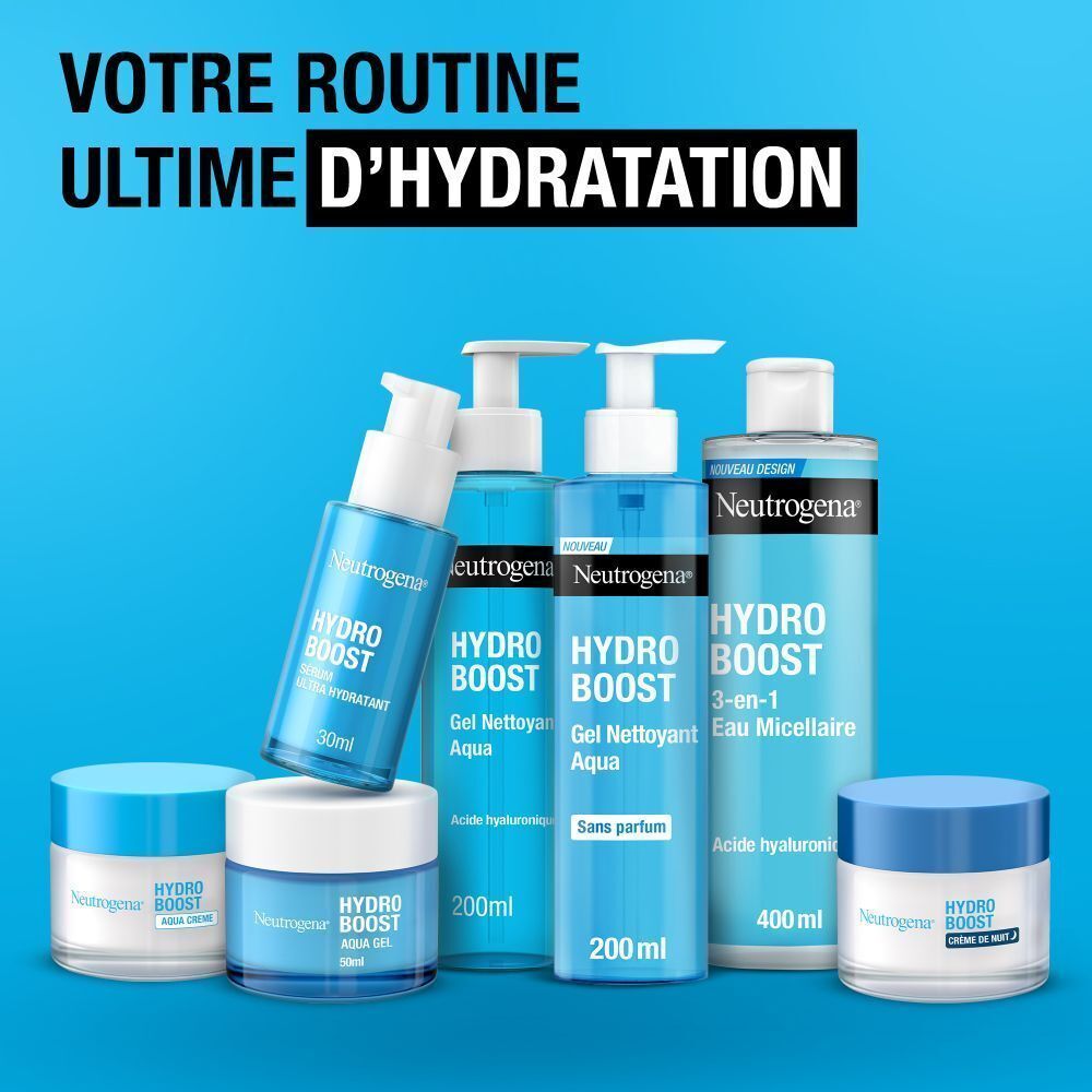 Un flacon de gel nettoyant Aqua Hydro Boost. Flacon bleu avec pompe blanche. Texte: Neutrogena, Hydro Boost, 200ml.