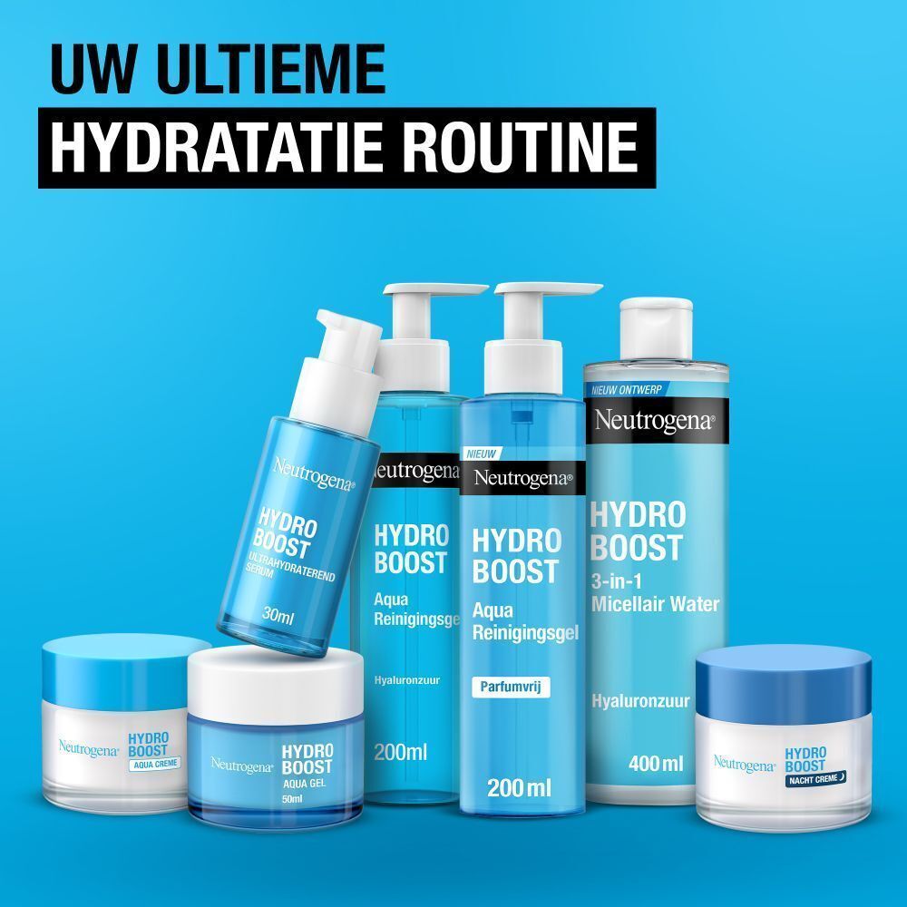 Fles Neutrogena Hydro Boost Aqua Reinigingsgel, ontwikkeld met dermatologen.