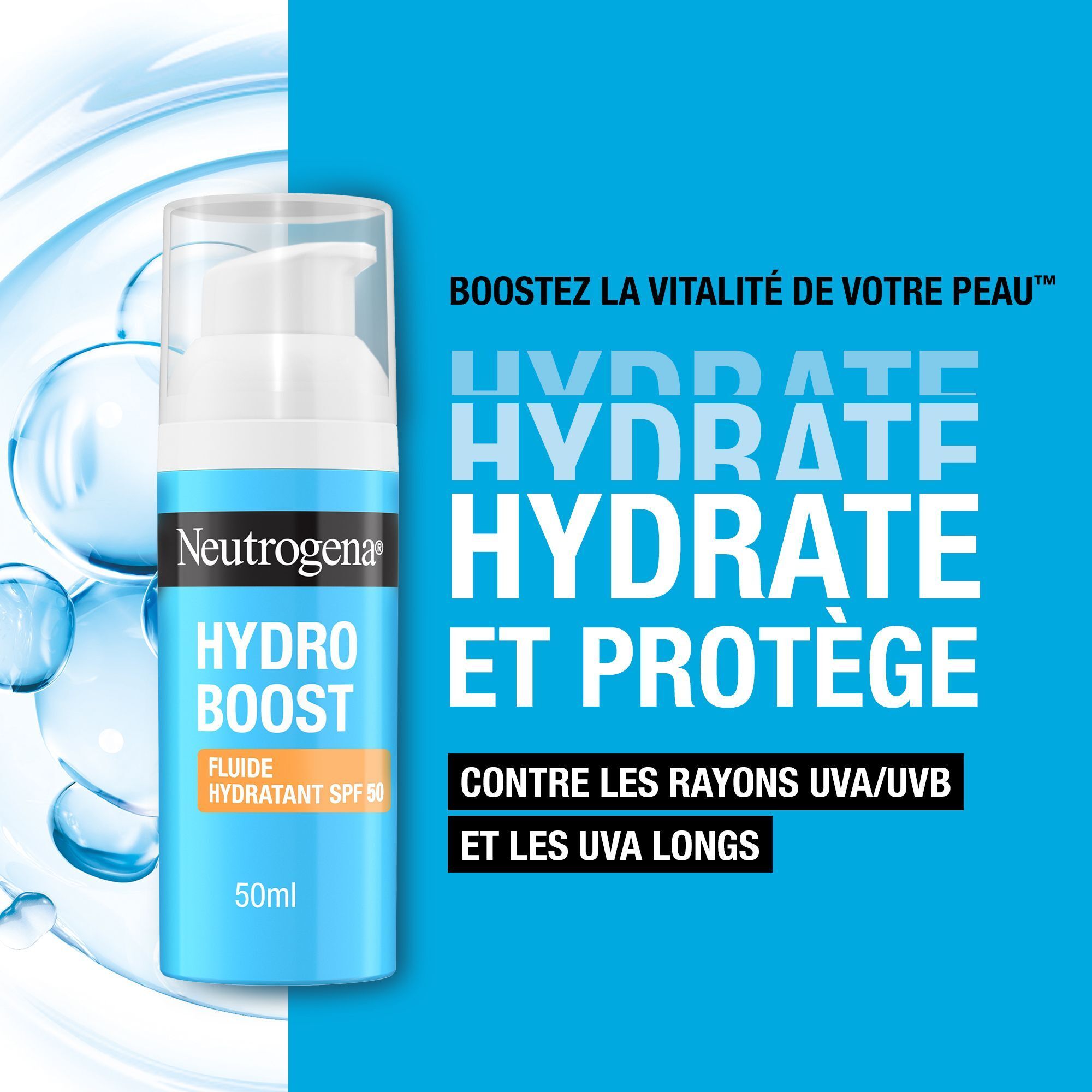Flacon Neutrogena Hydro Boost Fluide Hydratant SPF50. Flacon bleu avec texte blanc. Texte : Hydrate et Protège.