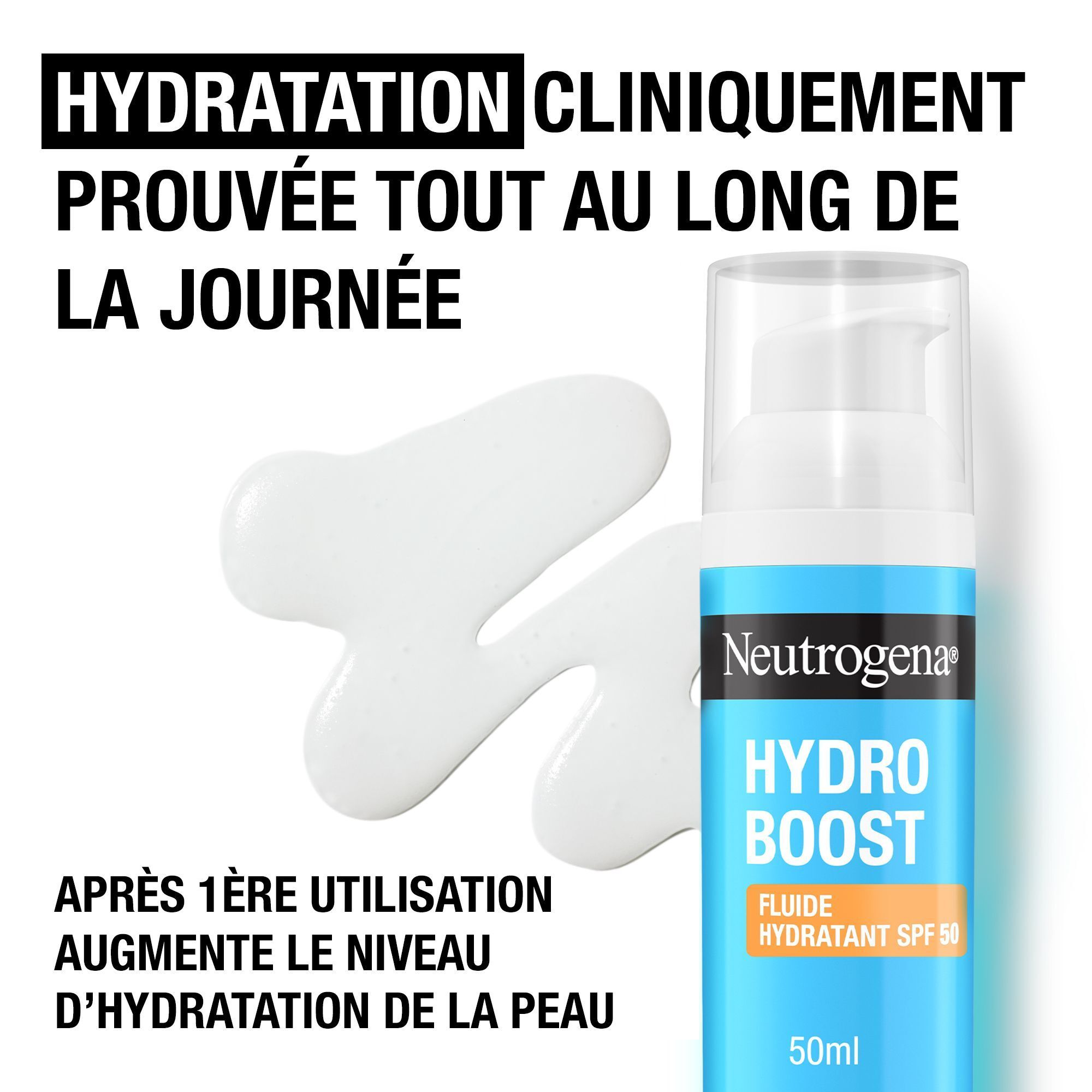 Flacon Neutrogena Hydro Boost Fluide Hydratant SPF50. Liquide blanc à côté. Texte : Hydratation cliniquement prouvée.