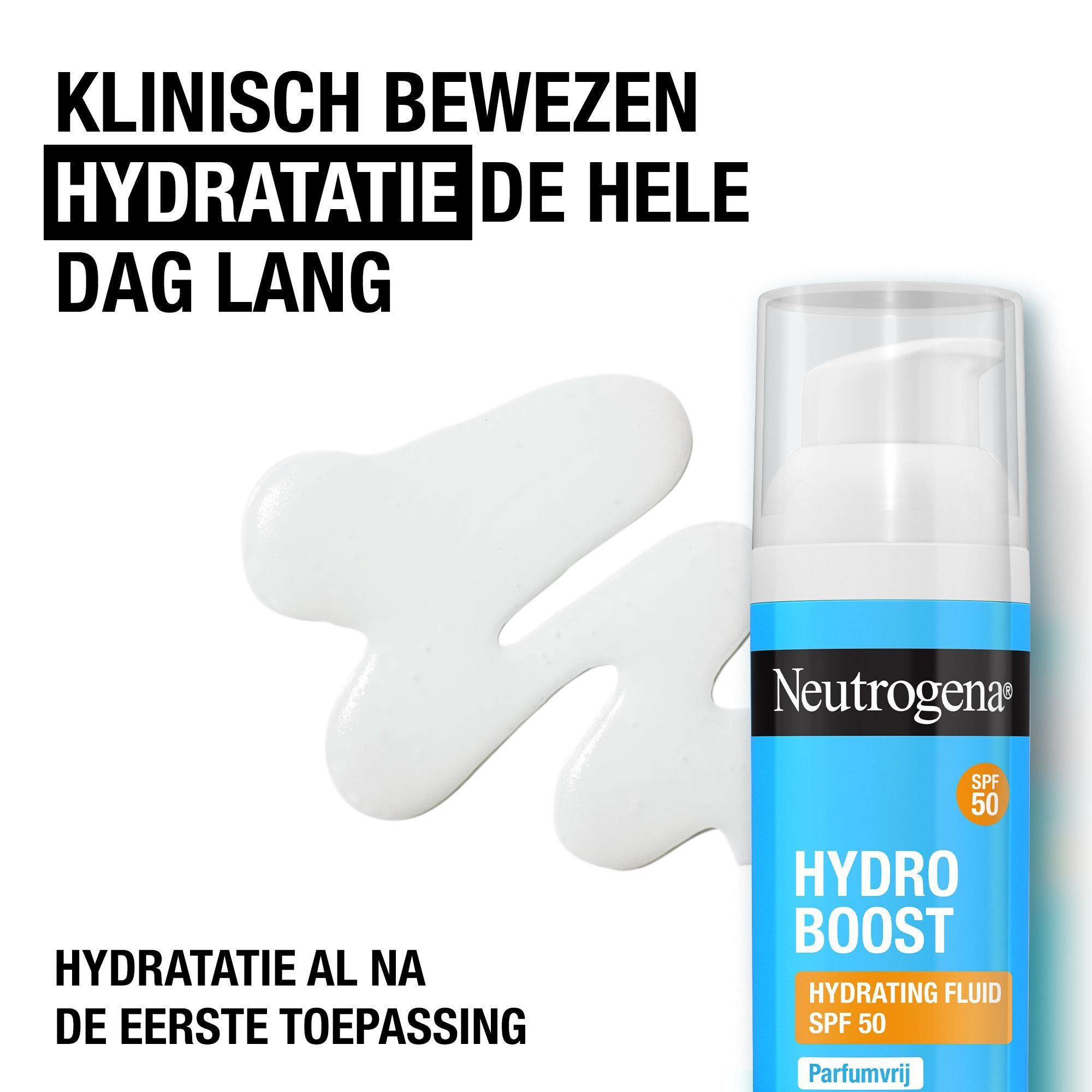Neutrogena Hydro Boost Hydrating Fluid SPF50 fles. Witte vloeistof ernaast. Tekst: Klinisch bewezen hydratatie.