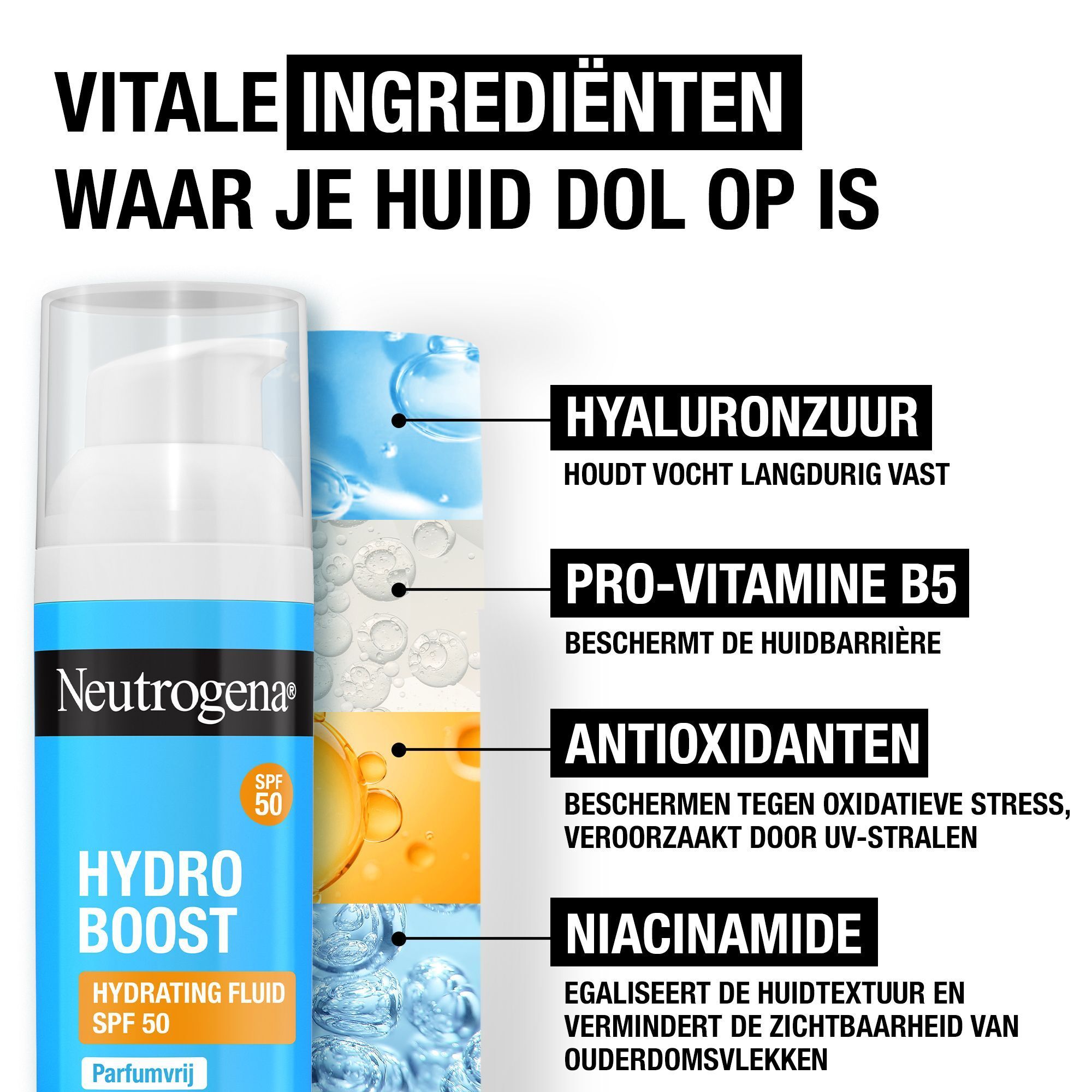 Neutrogena Hydro Boost Hydrating Fluid SPF50 fles. Diagram met ingrediënten: Hyaluronzuur, Pro-Vitamine B5, Antioxidanten.