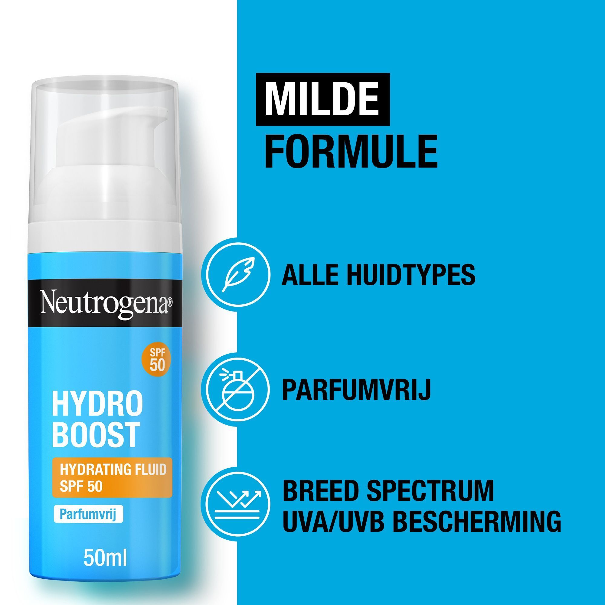 Neutrogena Hydro Boost Hydrating Fluid SPF50 fles. Tekst: Alle huidtypes, parfumvrij, breed spectrum.