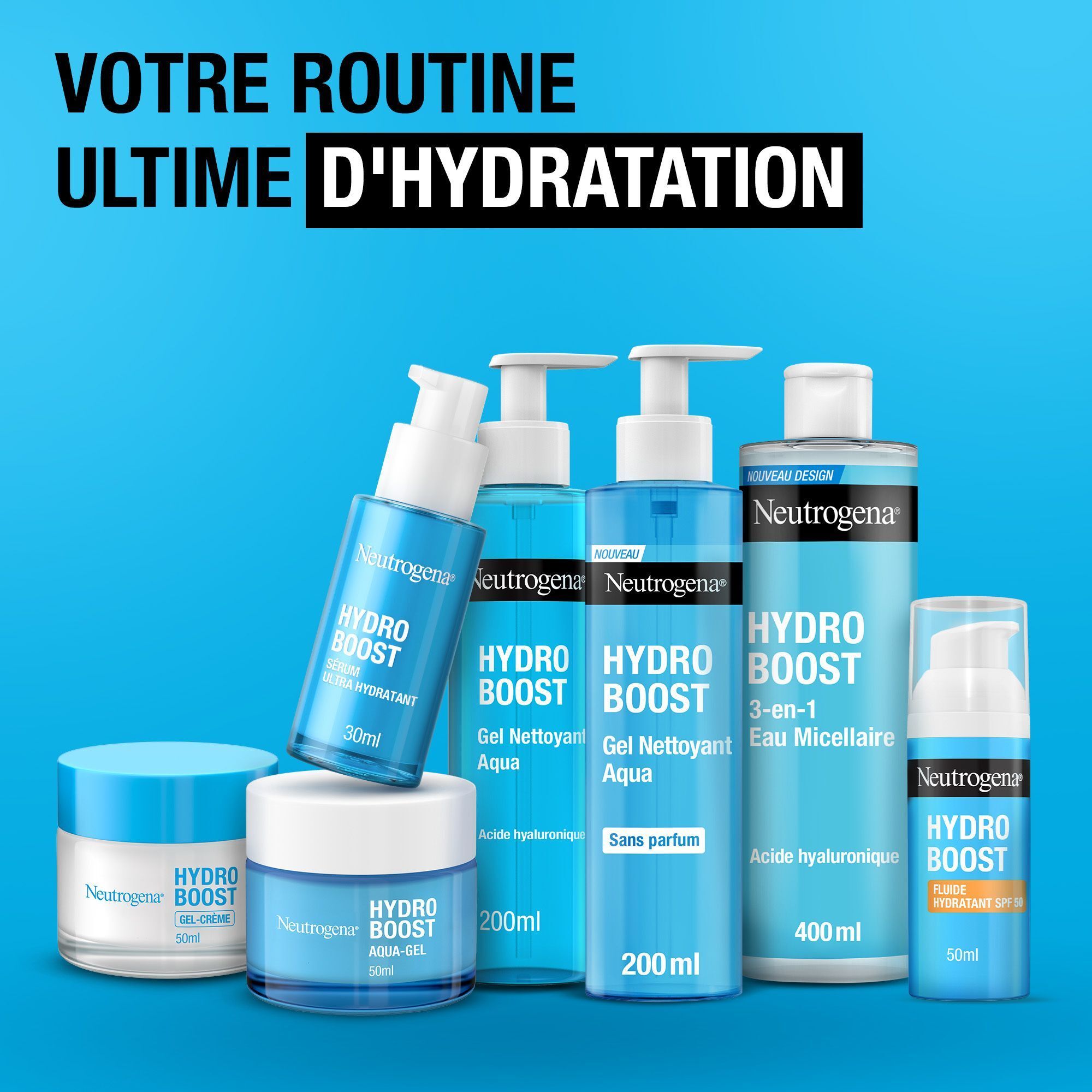 Différents produits Neutrogena Hydro Boost. Flacons et pots en bleu et blanc.