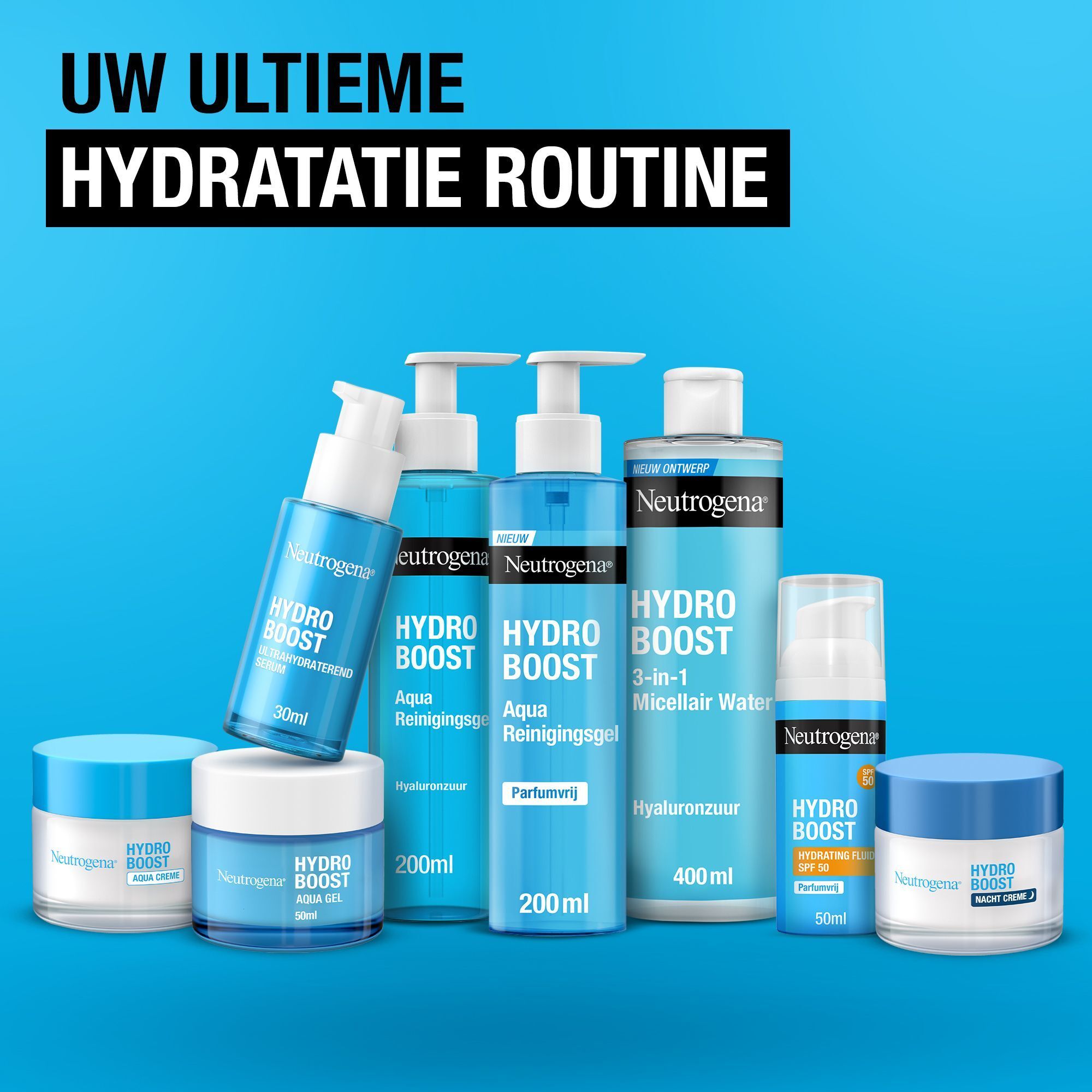 Verschillende Neutrogena Hydro Boost producten. Flessen en potten in blauw en wit.
