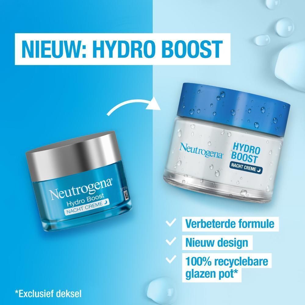 Twee potten Hydro Boost Nachtcrème. Met Neutrogena Hydro Boost. Nieuwe formule, nieuw design.