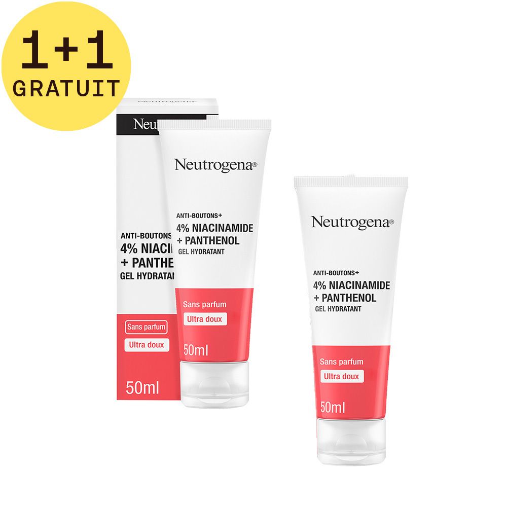 Deux tubes de gel Neutrogena Anti-Boutons+, un dans son emballage. Produit blanc avec texte rouge. Texte: 1+1 GRATUIT. 50ml.