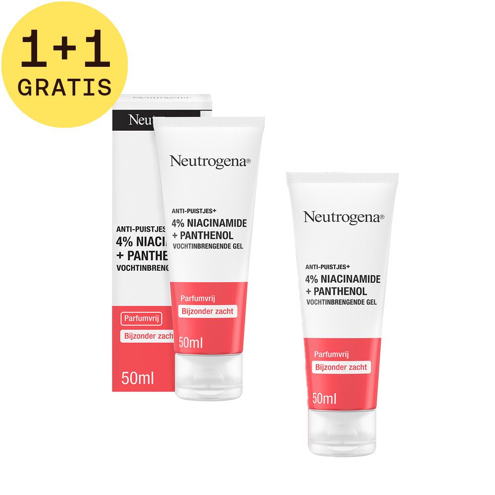 Twee tubes Neutrogena Anti-Puistjes+ gel, één in verpakking. Wit product met rode tekst. Tekst: 1+1 GRATIS. 50ml.