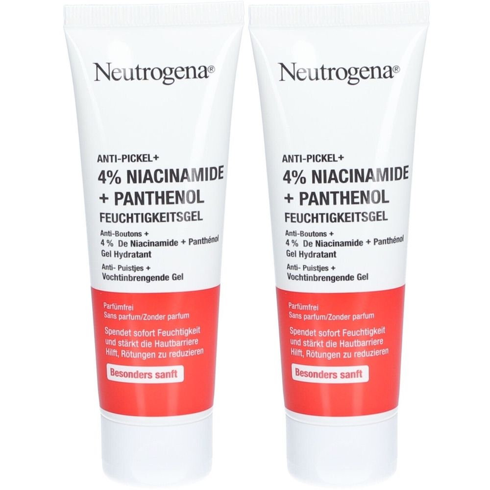 Deux tubes de gel Neutrogena Anti-Boutons+. Tubes blancs avec texte rouge et bande rouge. Texte: 4% Niacinamide + Panthénol.