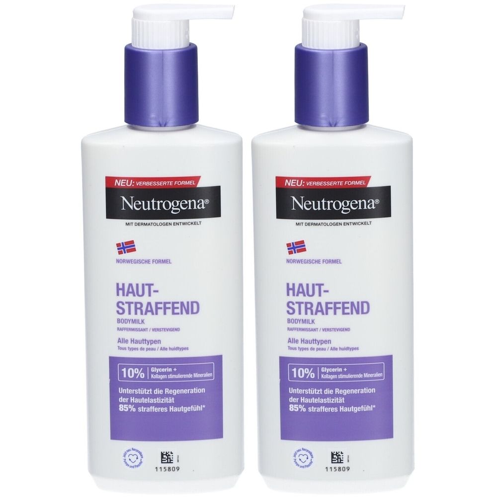 Deux flacons de lait corporel Neutrogena. Inscription: Hautstraffend, tous types de peaux.