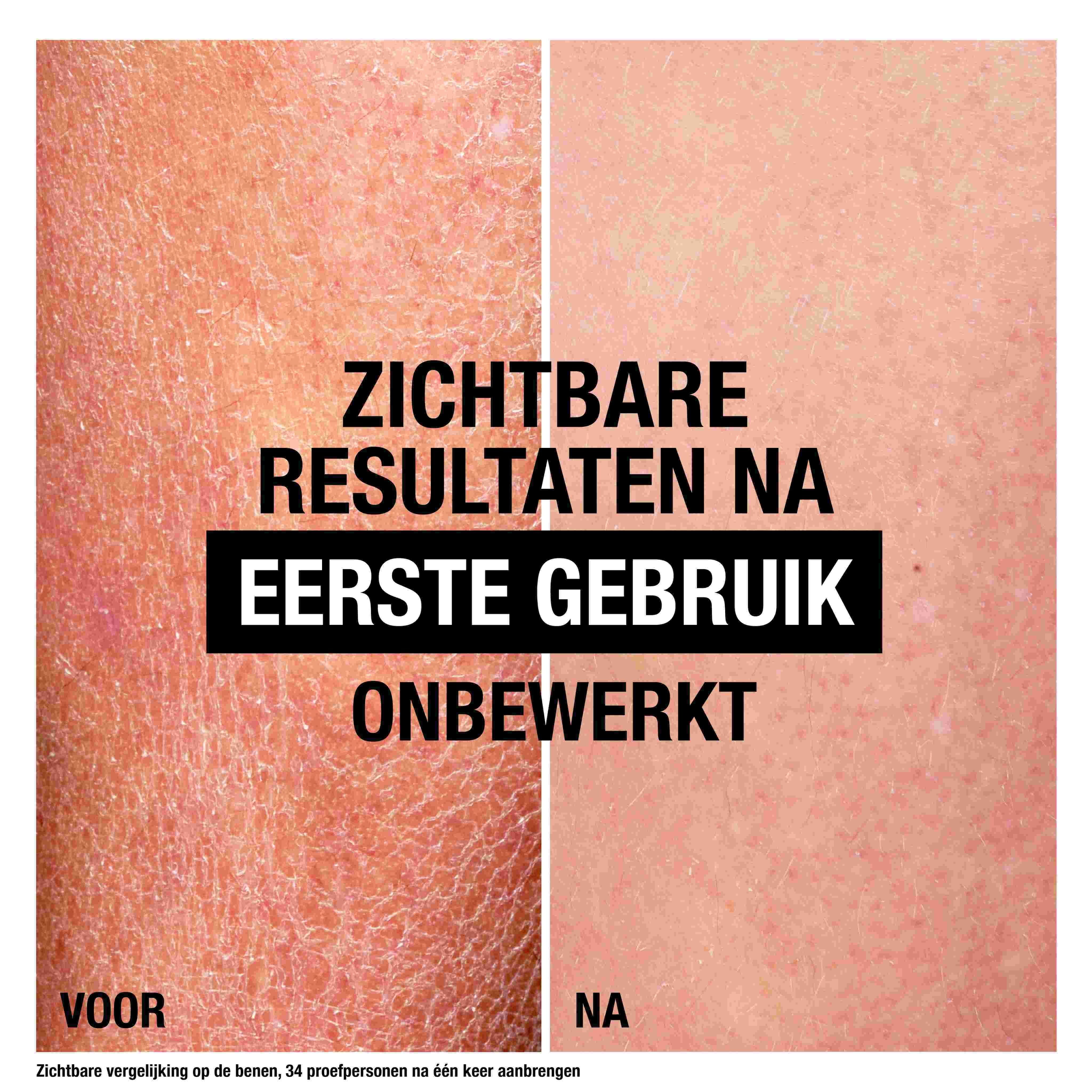 Vergelijking van de huid voor en na gebruik. Tekst: Zichtbare resultaten na eerste gebruik.