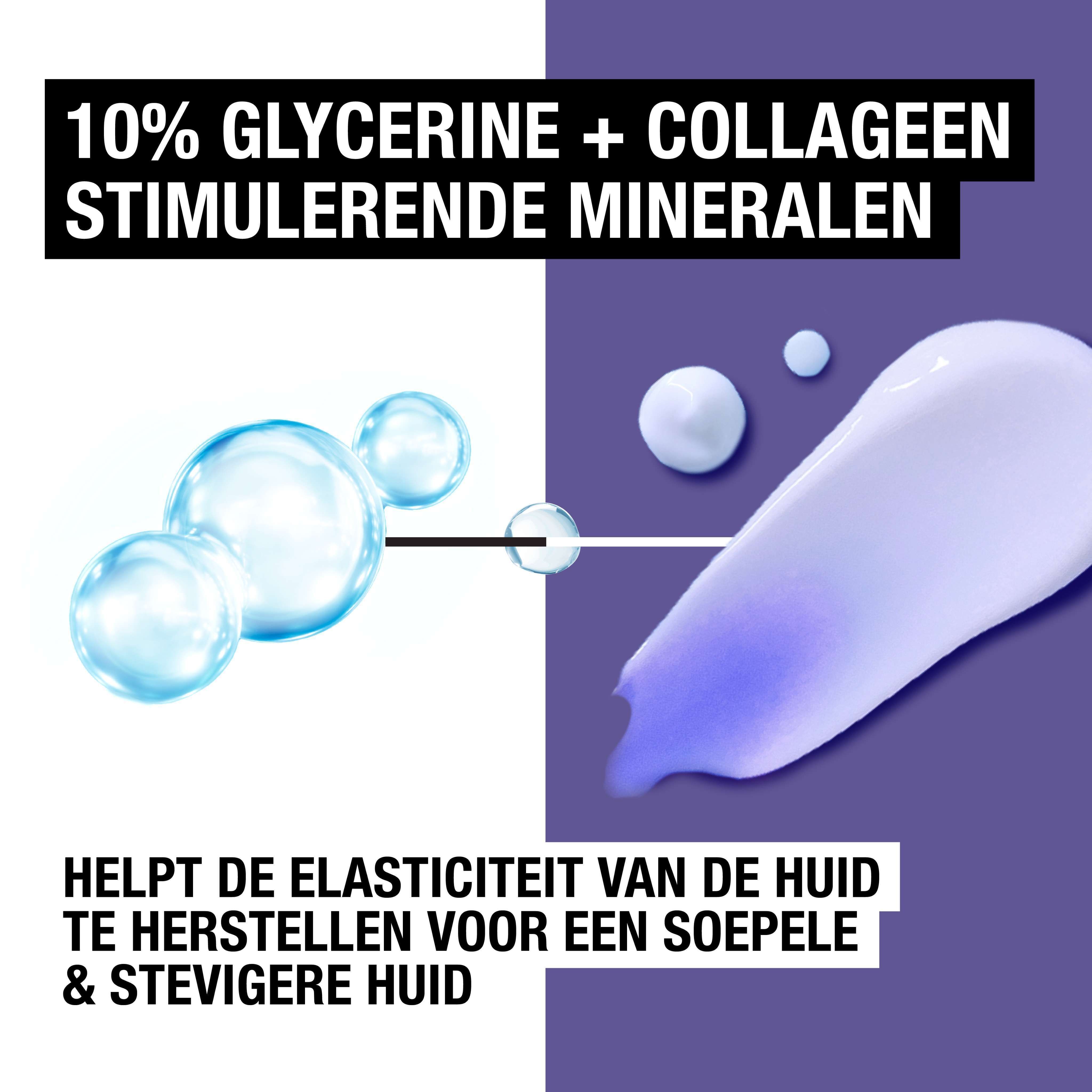 Illustratie van ingrediënten. Tekst: 10% Glycerin + stimulerende mineralen.