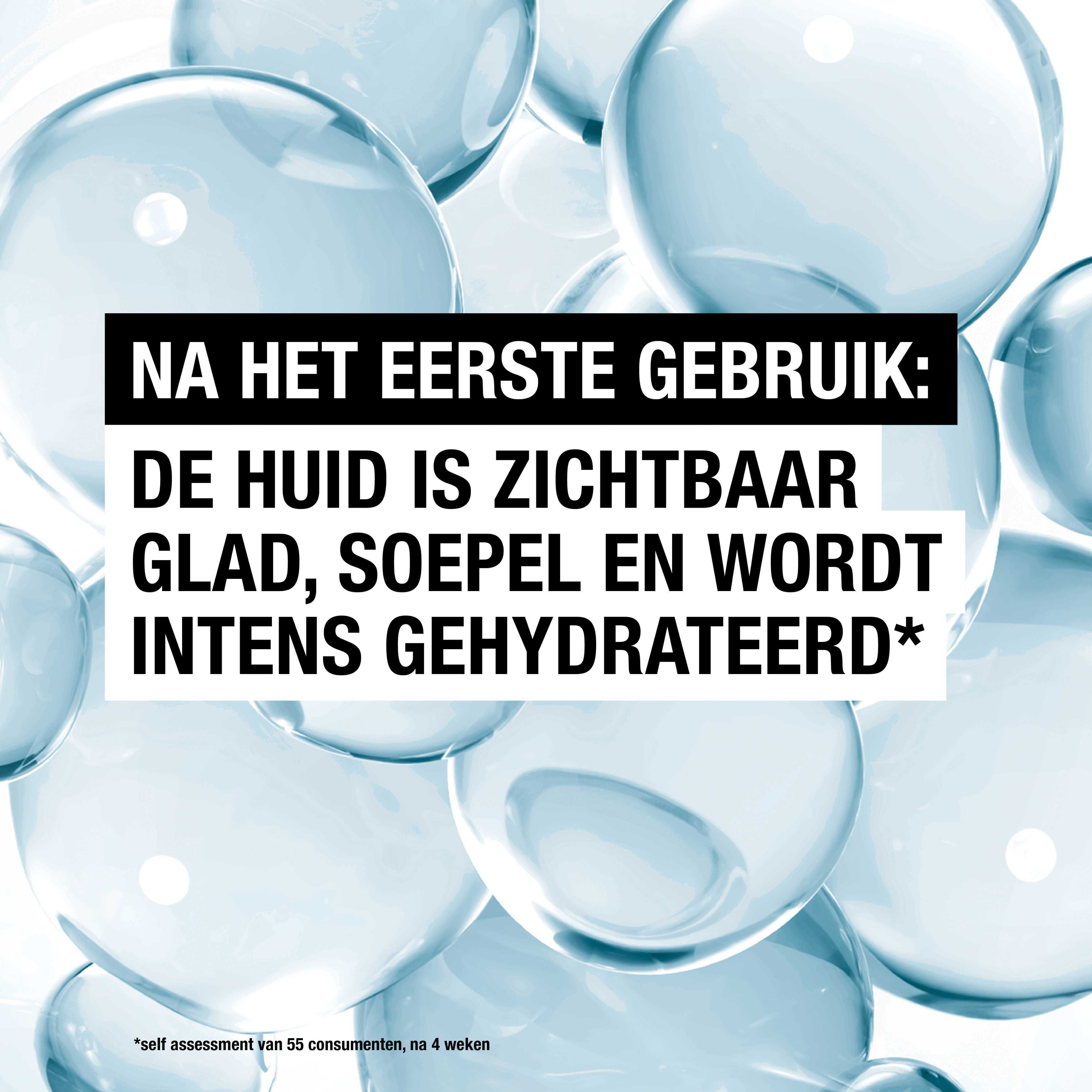 Illustratie van waterdruppels. Tekst: Na het eerste gebruik: de huid is zichtbaar glad.
