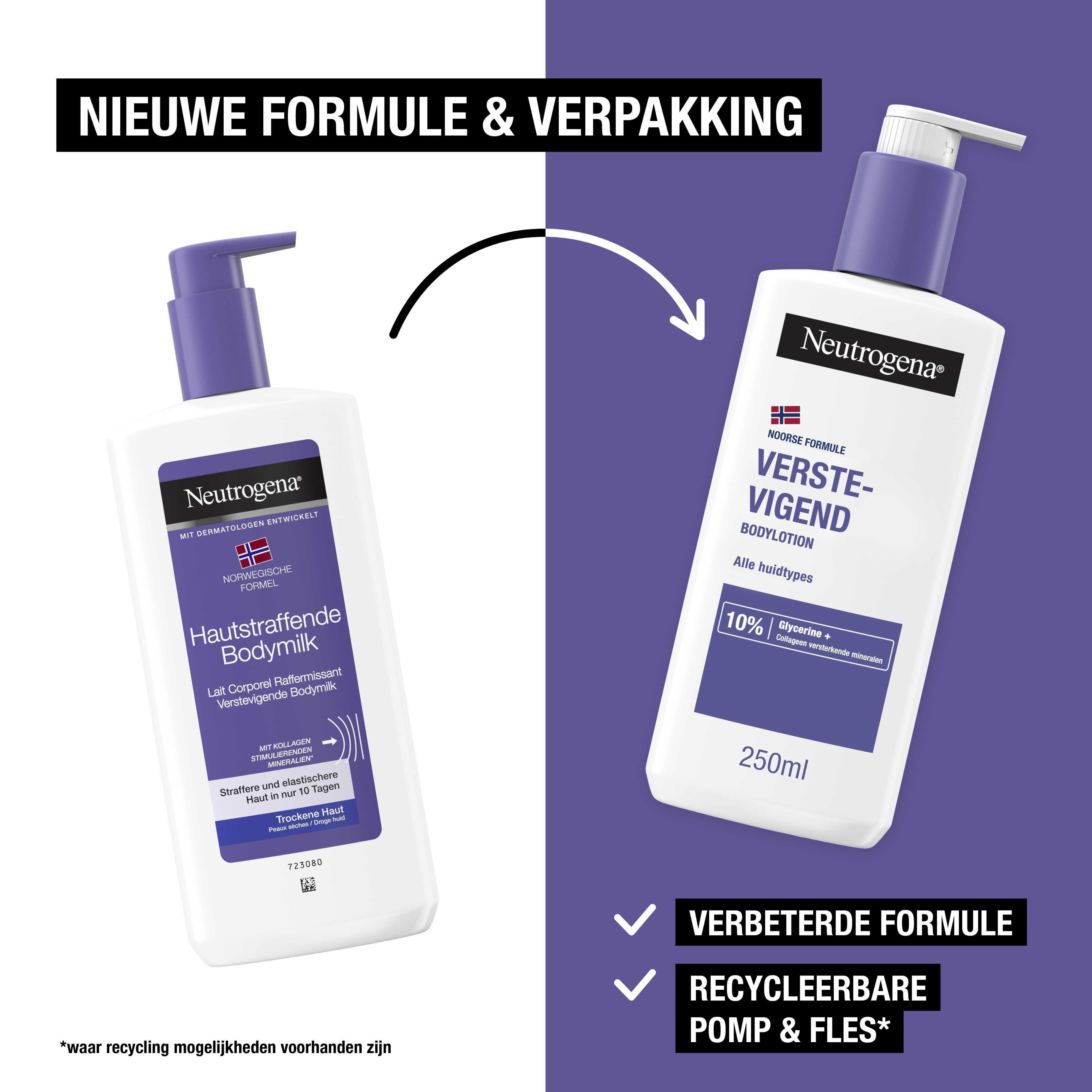 Vergelijking van twee flessen. Tekst: Nieuwe formule & verpakking. Recycleerbare pomp & fles.