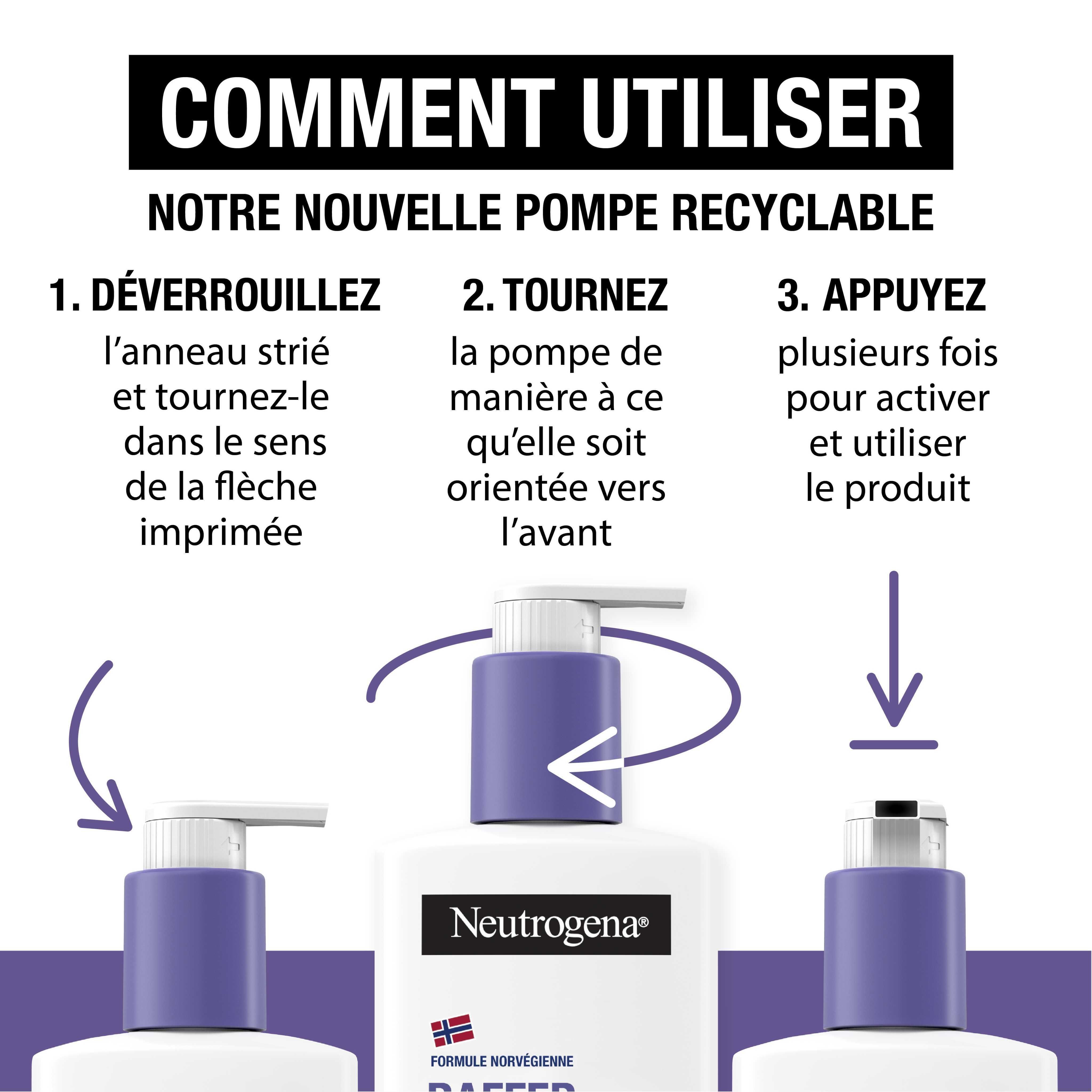 Instructions d'utilisation de la pompe. Texte: Déverrouillez, tournez, appuyez.