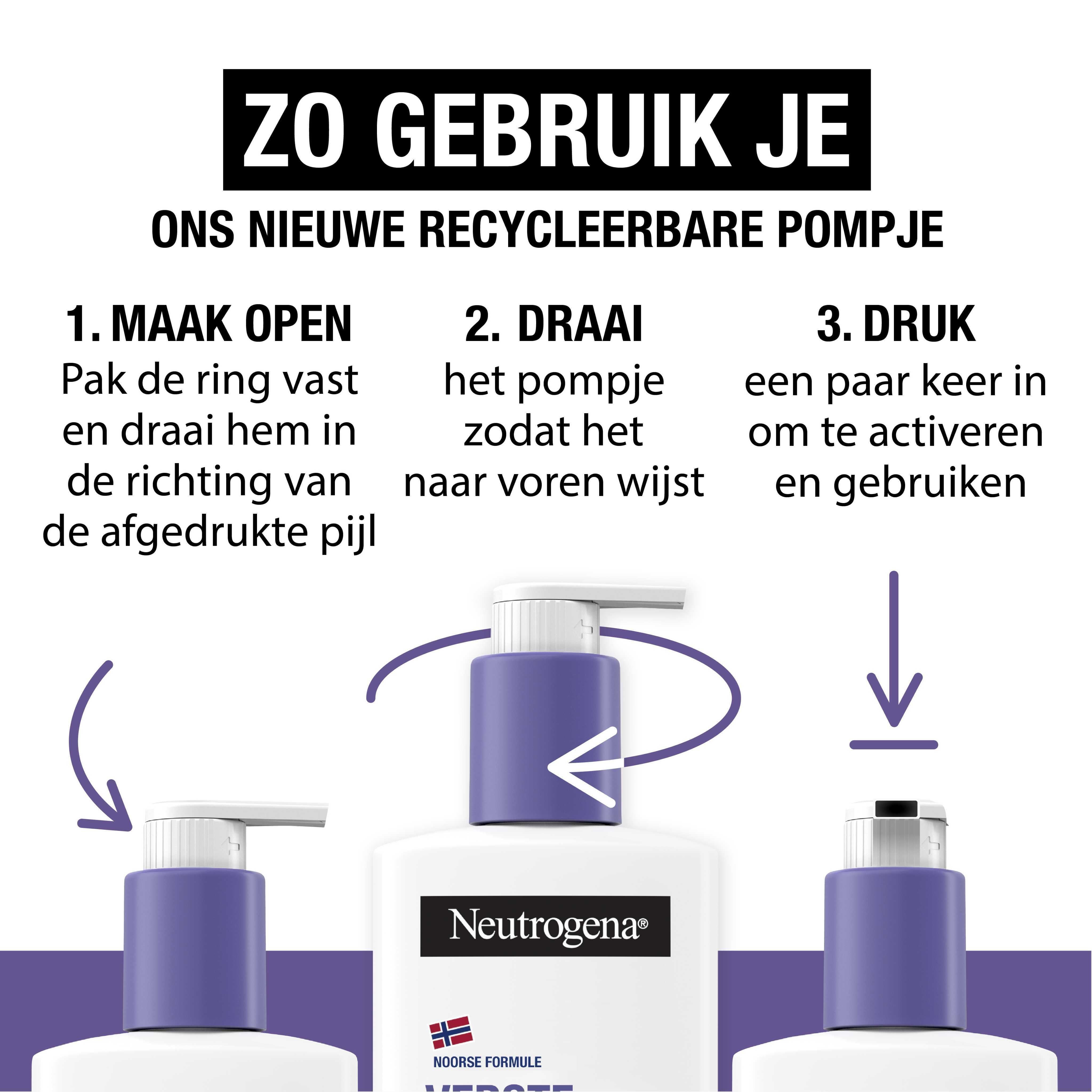 Instructies voor het gebruik van de pomp. Tekst: Zo gebruik je ons nieuwe recycleerbare pompje.