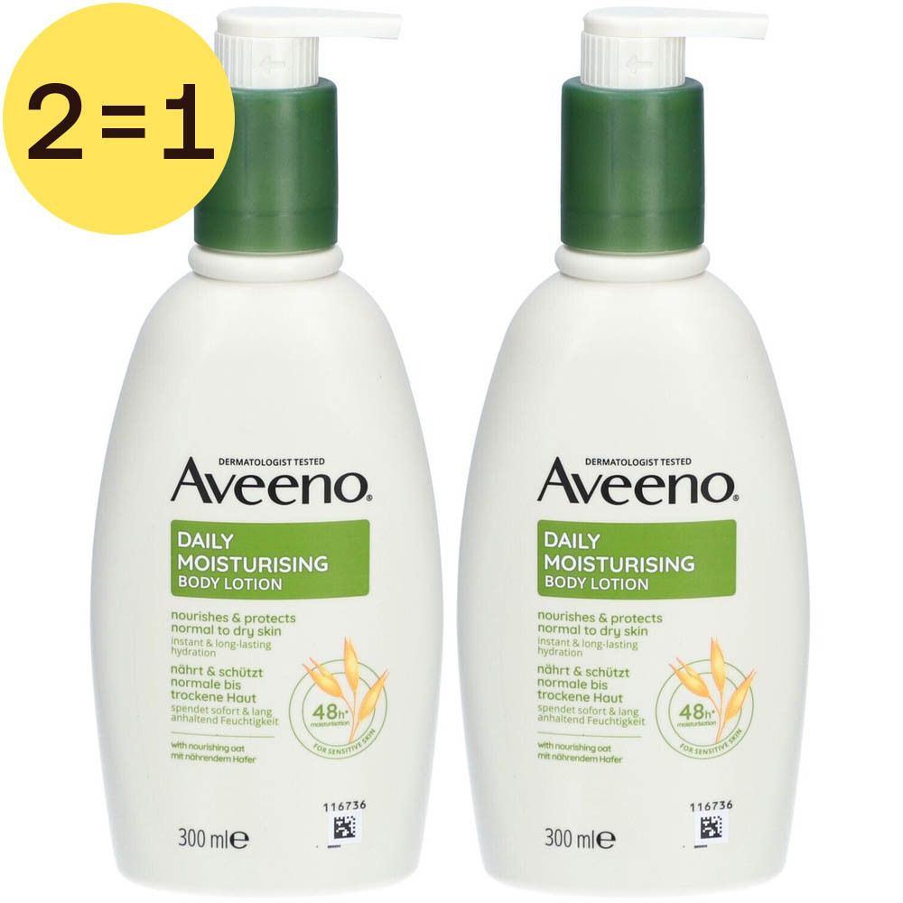 Deux flacons de lotion hydratante corporelle Aveeno. Flacons blancs avec bouchons et étiquettes verts. Autocollant 2=1.