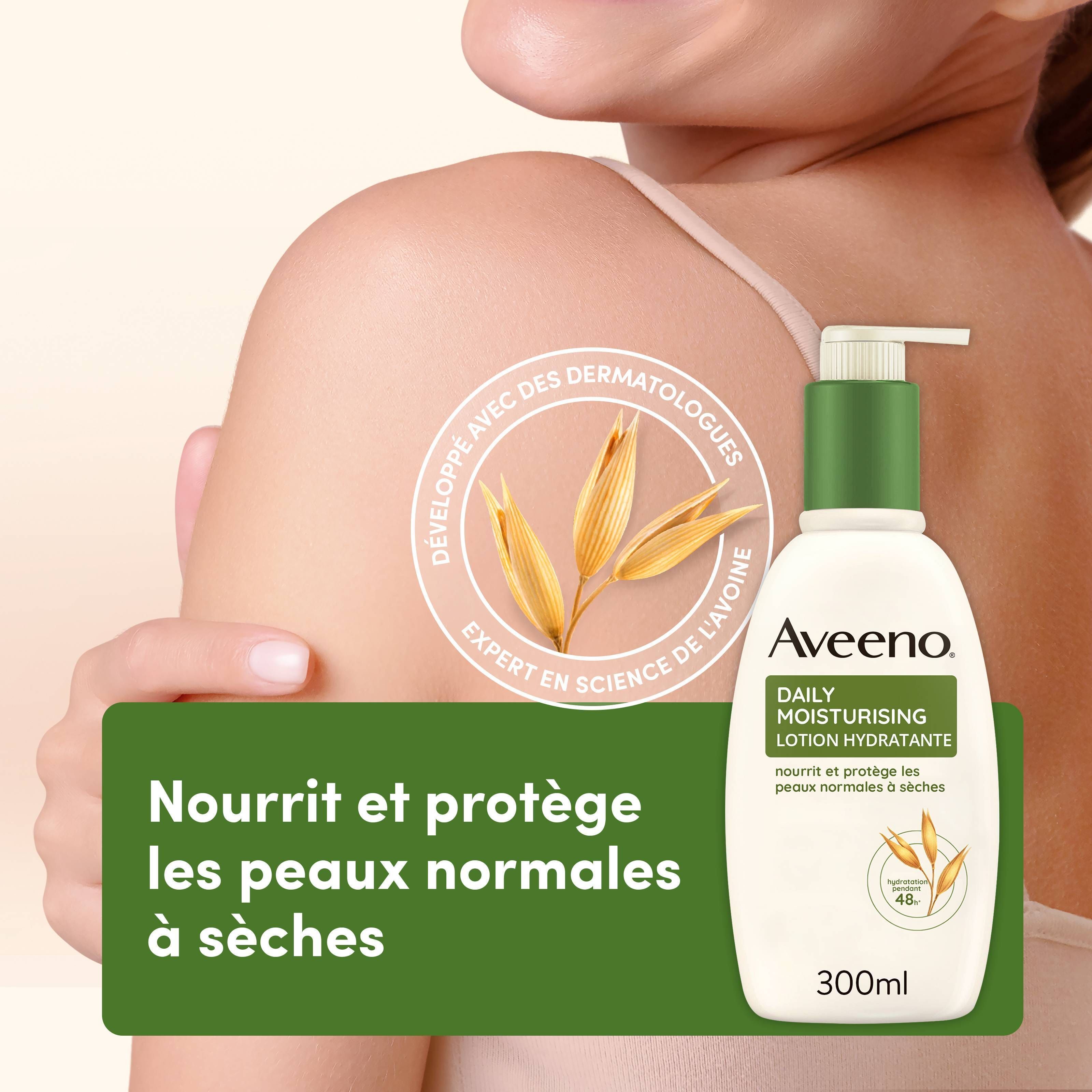 Aveeno Daily Moisturising Lotion. Flacon sur la peau. Texte : Nourrit et protège les peaux normales à sèches.