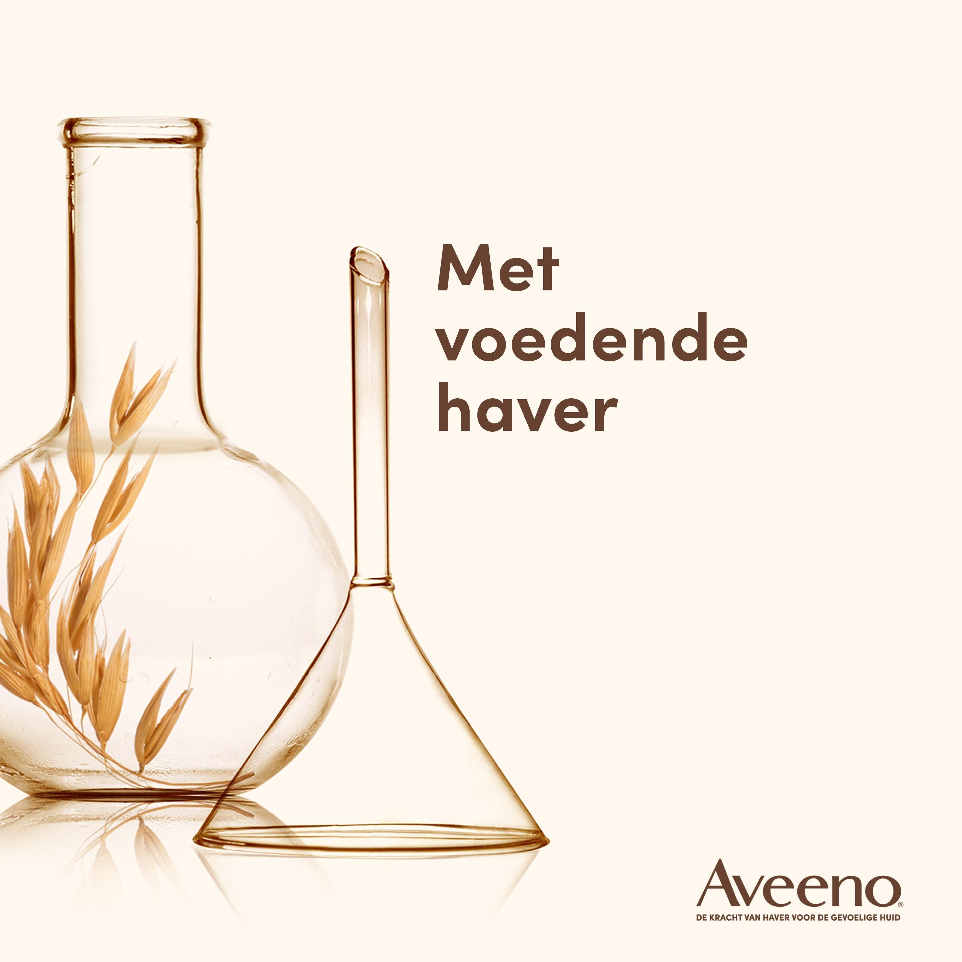 Laboratoriumglaswerk en Aveeno-logo. Tekst: Met voedende haver.