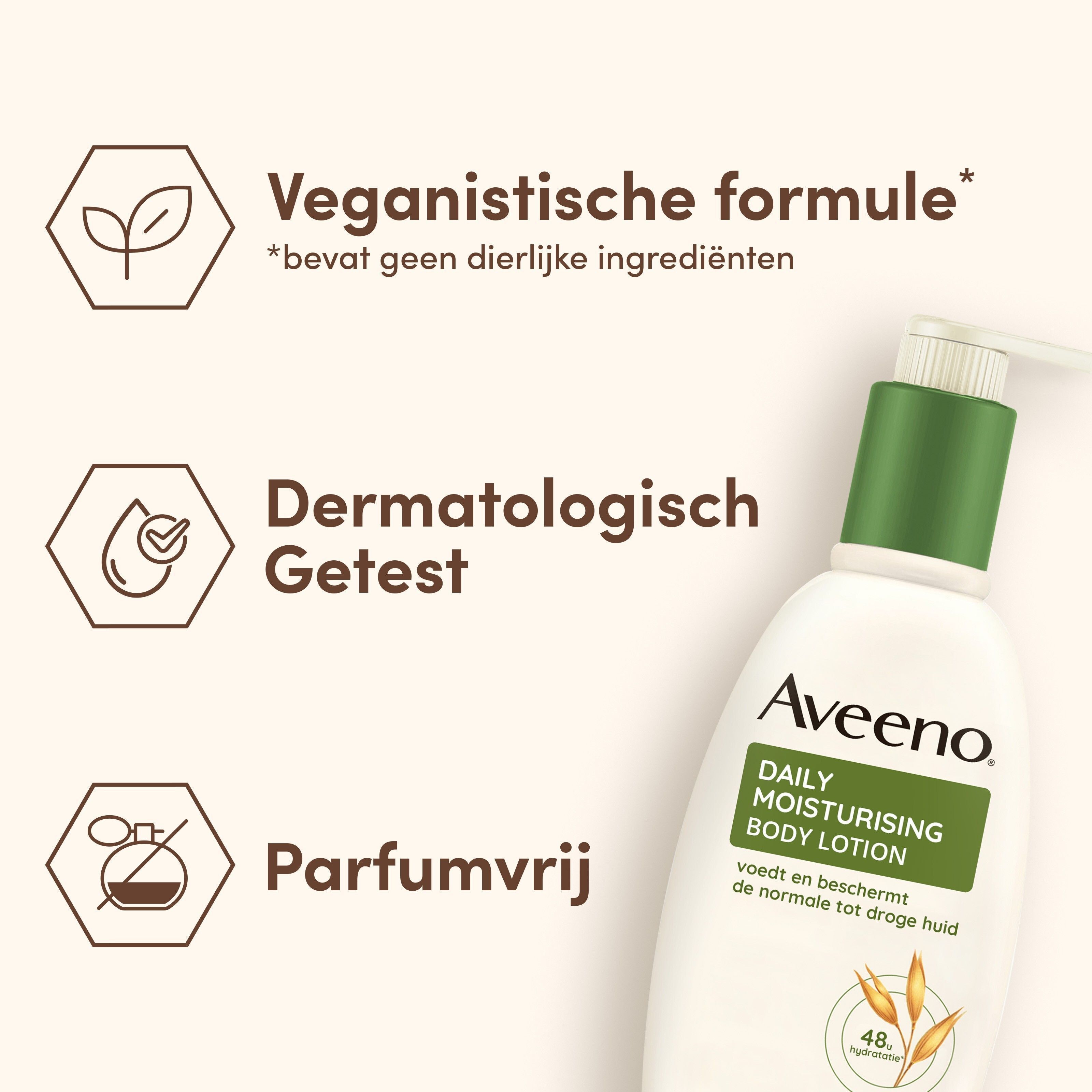 Aveeno Daily Moisturising Body Lotion. Tekst: Veganistische formule, Dermatologisch Getest, Parfumvrij.