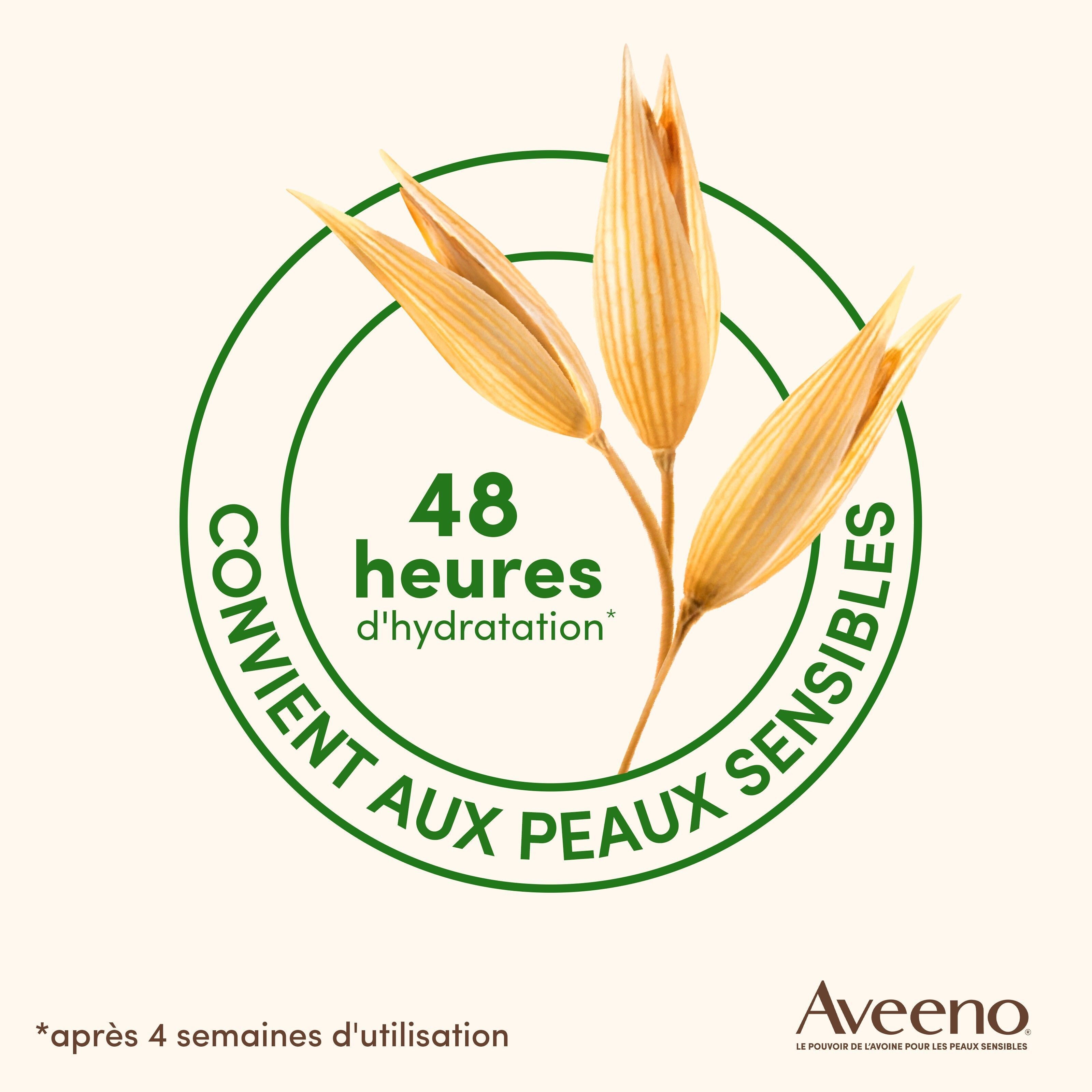 Logo circulaire avec texte : Convient aux peaux sensibles. 48 heures d'hydratation.