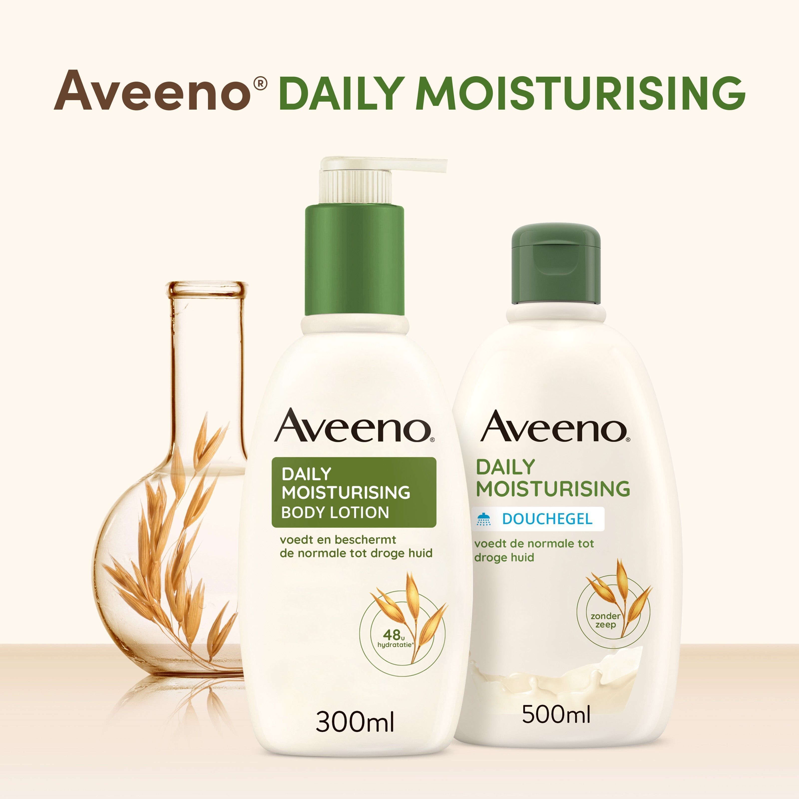 Aveeno Daily Moisturising Body Lotion en douchegel. Tekst: 300ml en 500ml.