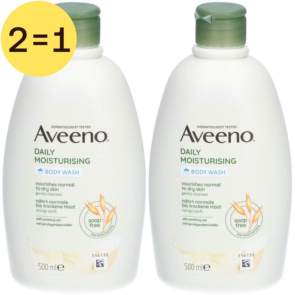 Twee flessen Aveeno Daily Moisturising Body Wash. Wit flesontwerp met groene dop. Tekst: Aveeno, Daily Moisturising, Body Wash, 500ml.