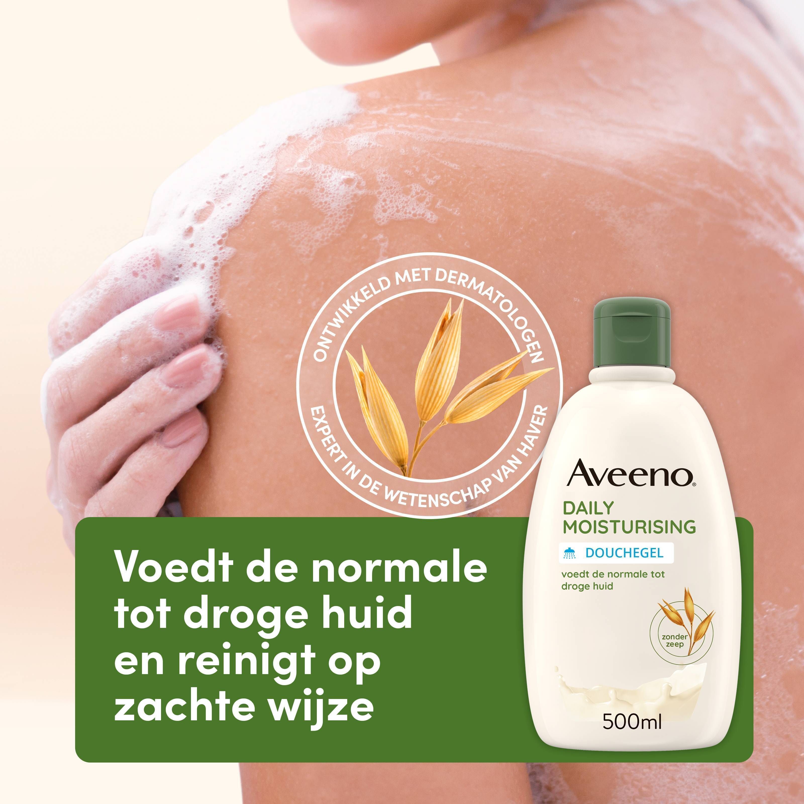 Aveeno Daily Douchegel naast een groen banner. Tekst: Voedt de normale tot droge huid en reinigt op zachte wijze.