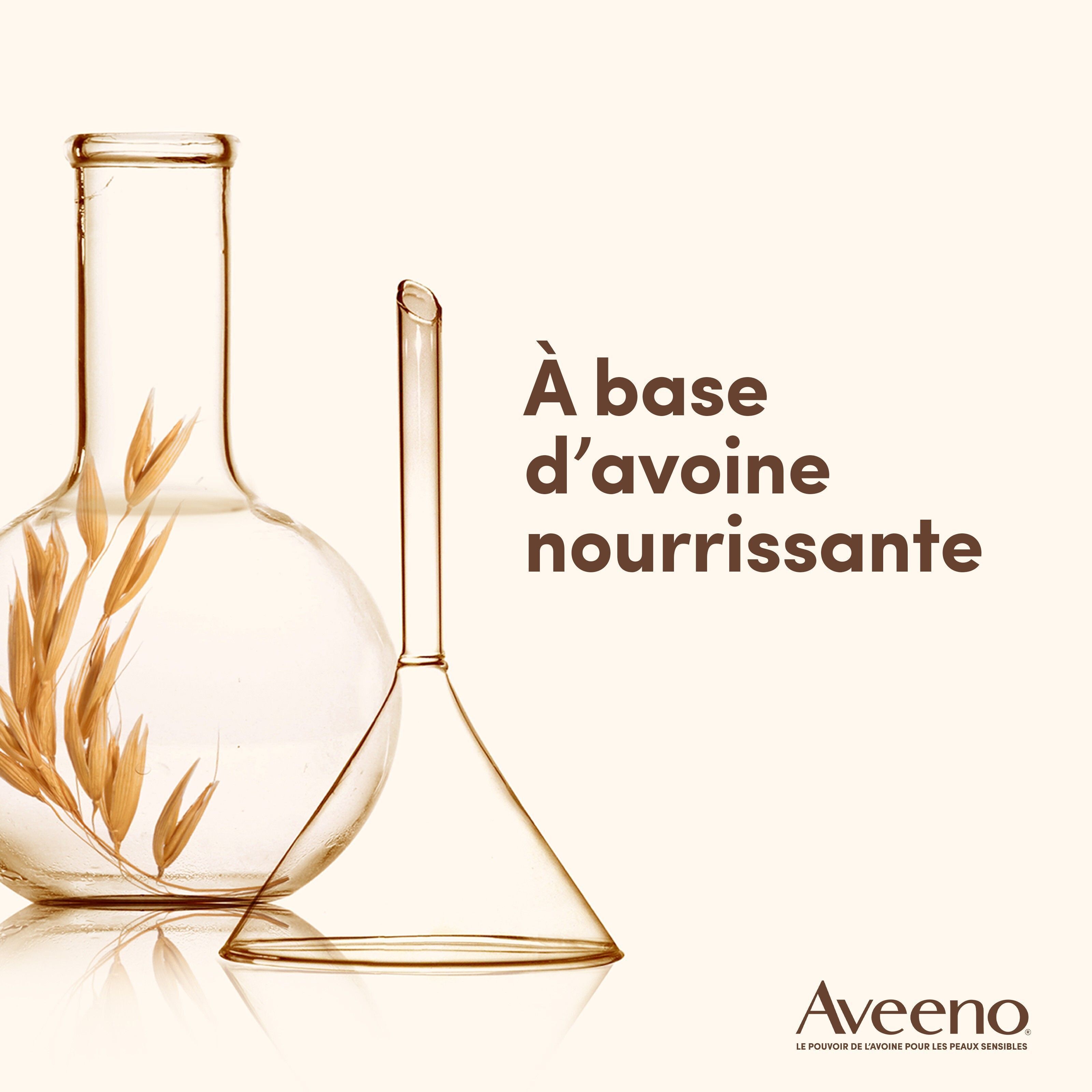 Verrerie de laboratoire avec épis d'avoine. Texte: À base d'avoine nourrissante. Logo Aveeno.