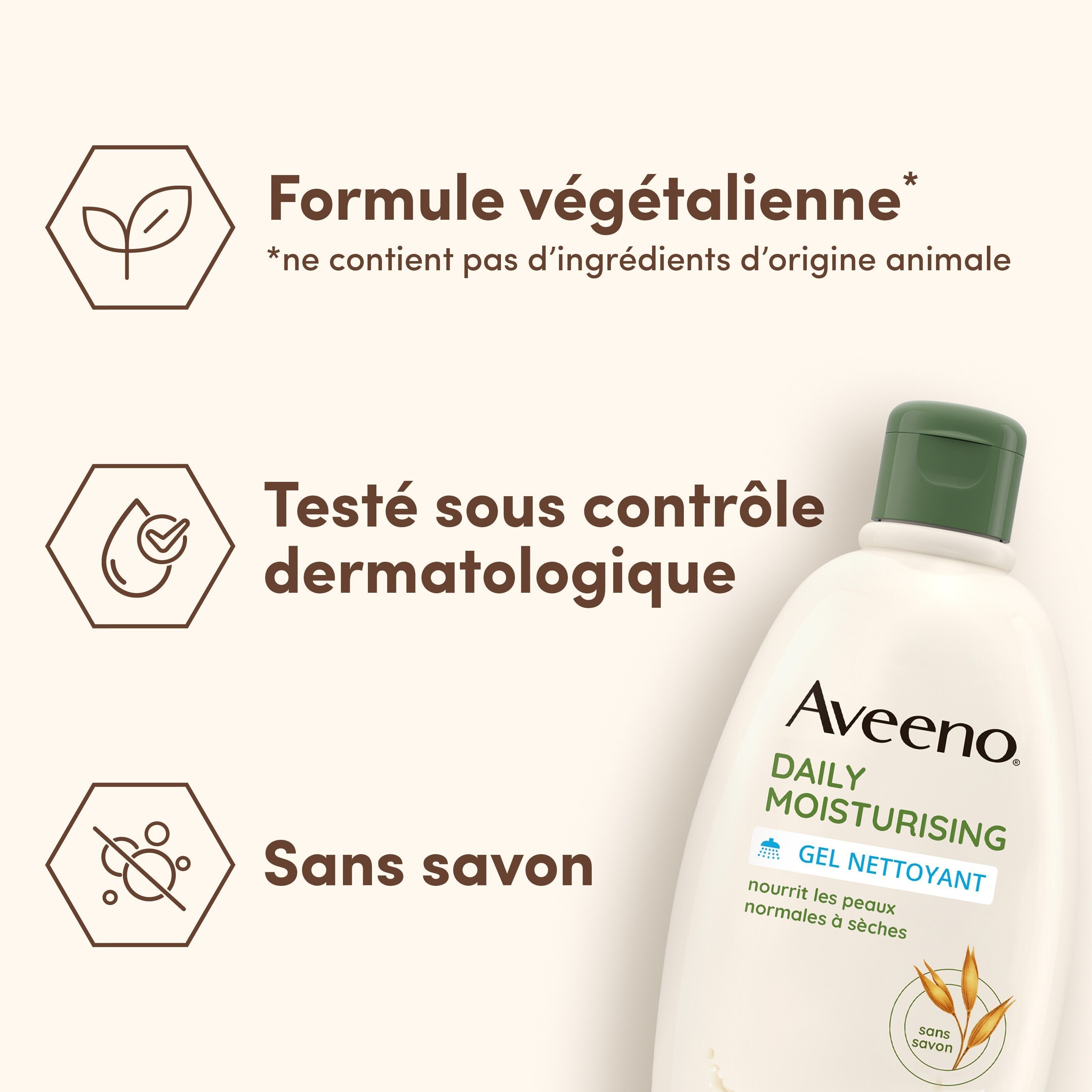 Aveeno Daily Moisturising Gel Nettoyant. Texte: Formule végétalienne, Testé sous contrôle dermatologique, Sans savon.
