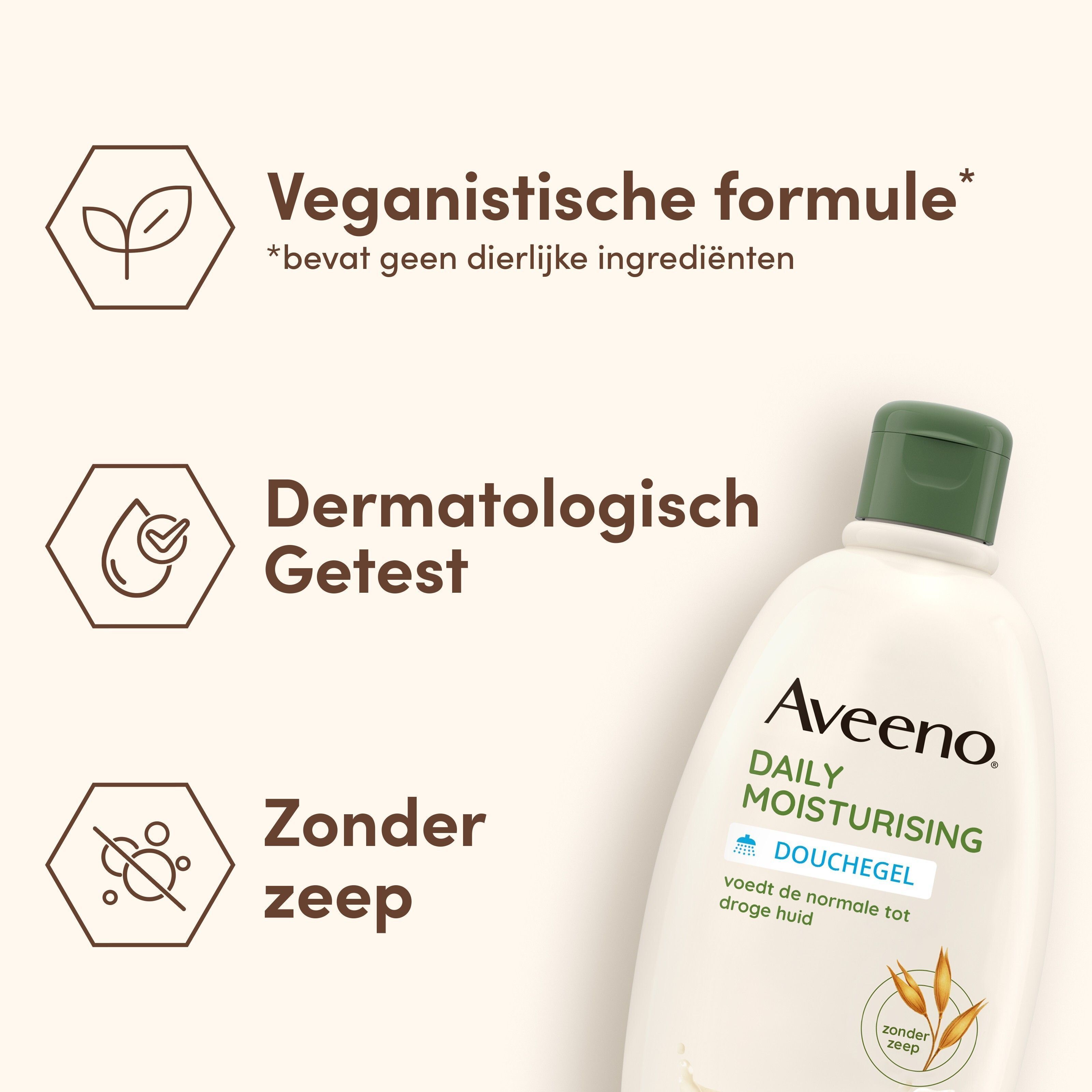 Aveeno Daily Douchegel. Tekst: Veganistische formule, Dermatologisch Getest, Zonder zeep.