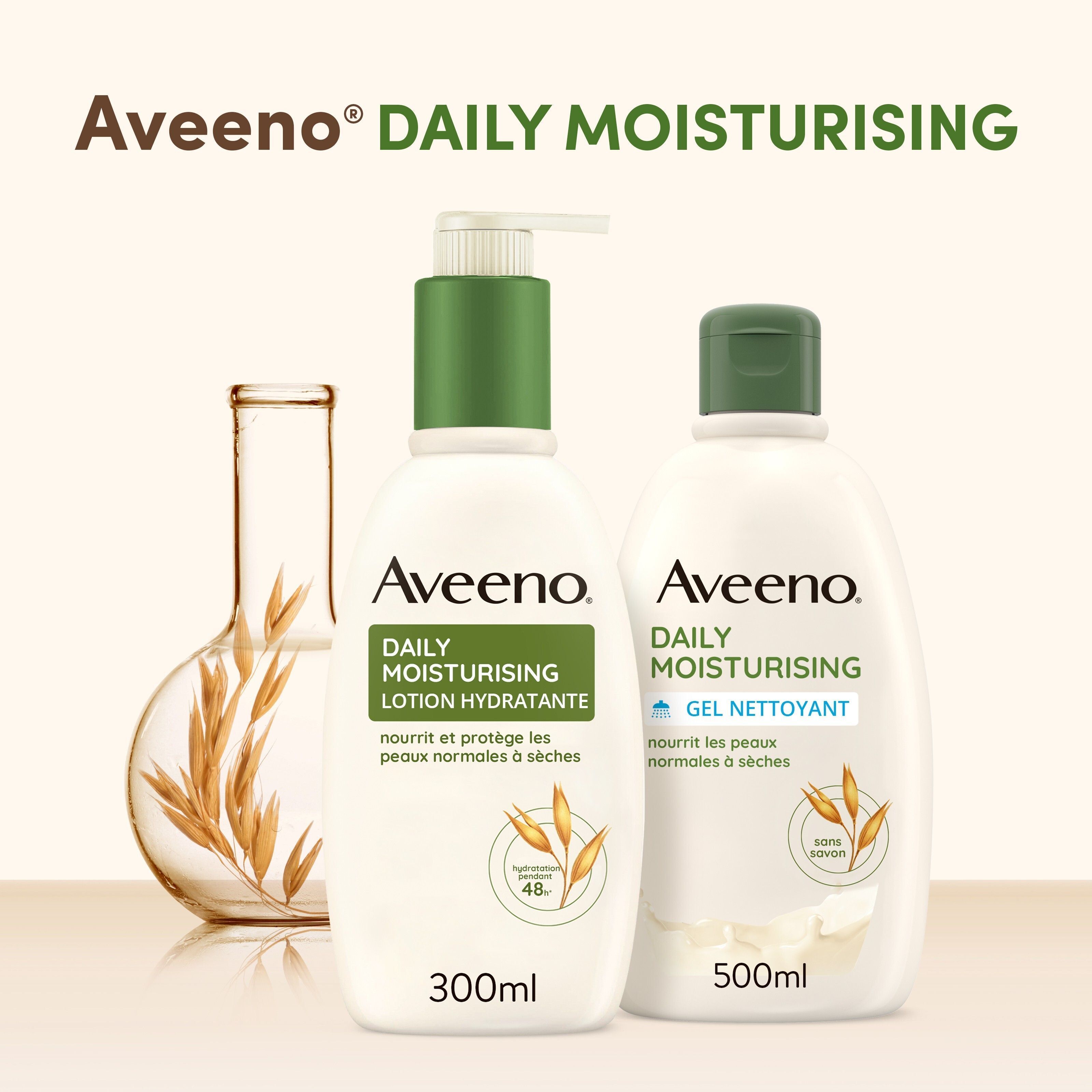 Produits Aveeno Daily Moisturising. Lotion et Gel Nettoyant. Texte: 300ml et 500ml.