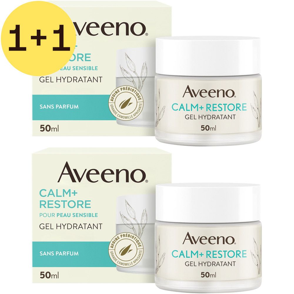Deux pots Aveeno Calm+Restore Gel Hydratant, couvercles blancs. Texte: 1+1 GRATUIT. 50ml.