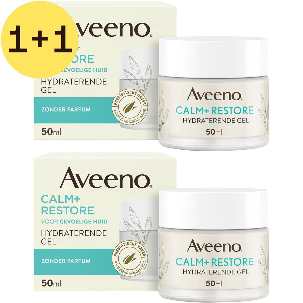 Twee potten Aveeno Calm+Restore Gel Hydratant met witte deksels. Verpakking met productnaam. Tekst: 1+1 GRATIS. 50ml.