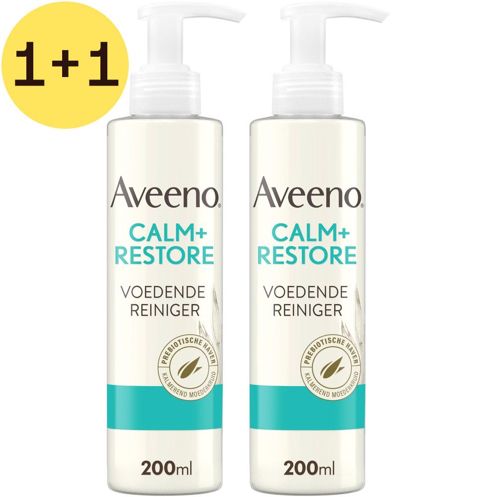 Twee flessen Aveeno Calm+Restore Voedende Reiniger met pompen. Tekst: 1+1 GRATIS. Turquoise streep met logo.