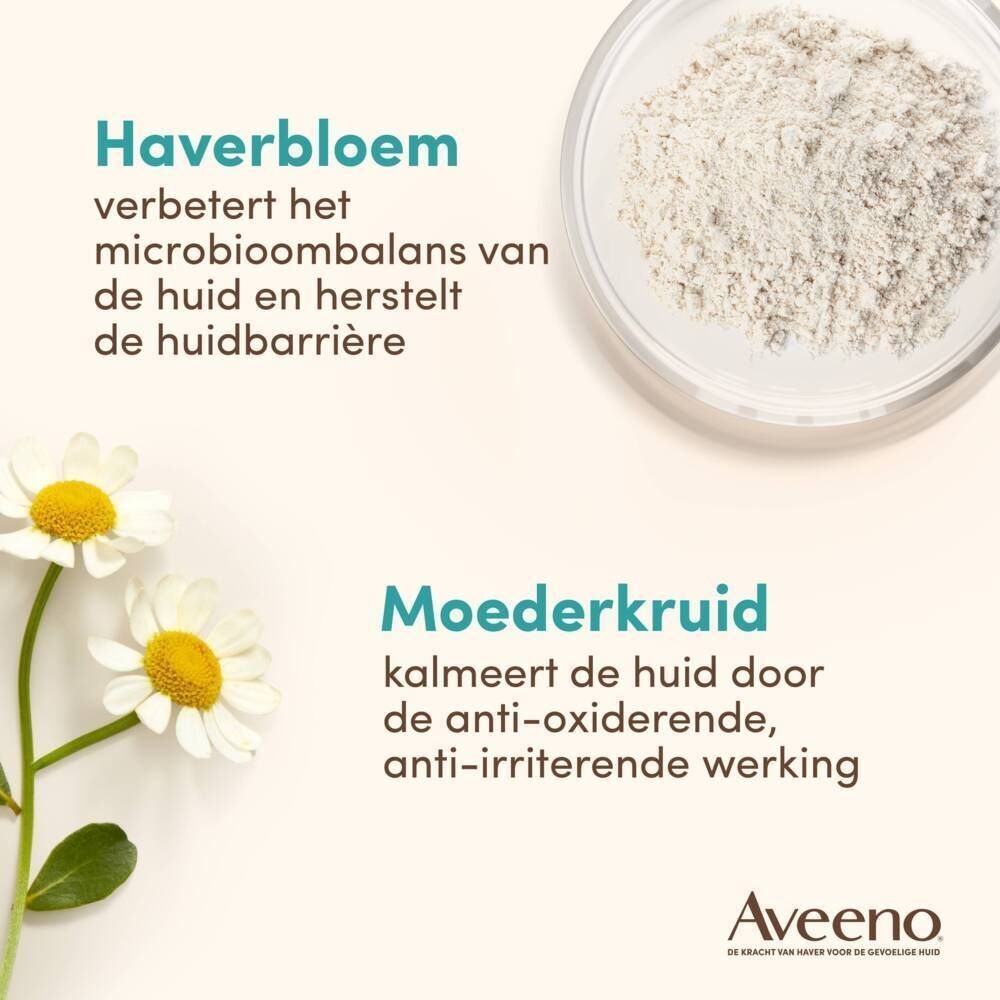 Aveeno: Haverbloem versterkt huidbarrière, moederkruid kalmeert.