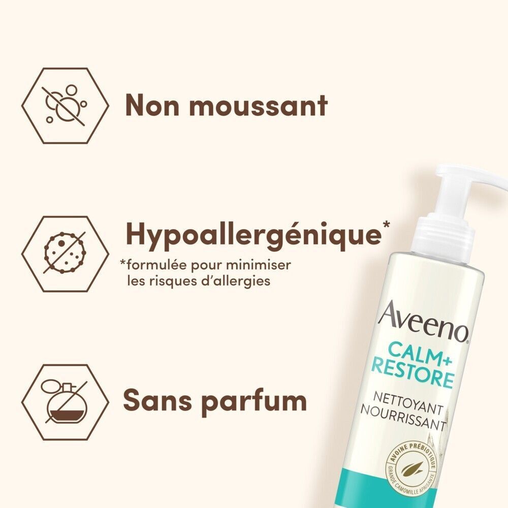 Aveeno Calm+Restore : Non moussant, hypoallergénique, sans parfum.