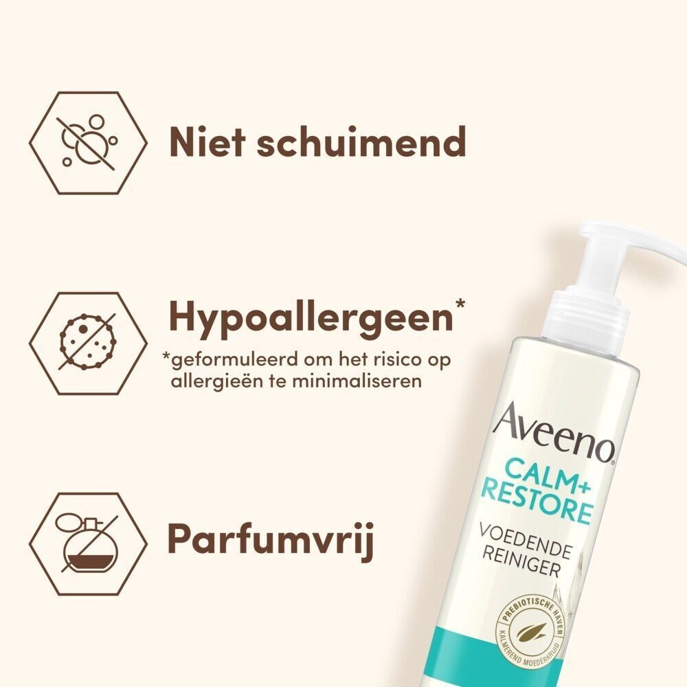 Aveeno Calm+Restore: Niet schuimend, hypoallergeen, parfumvrij.