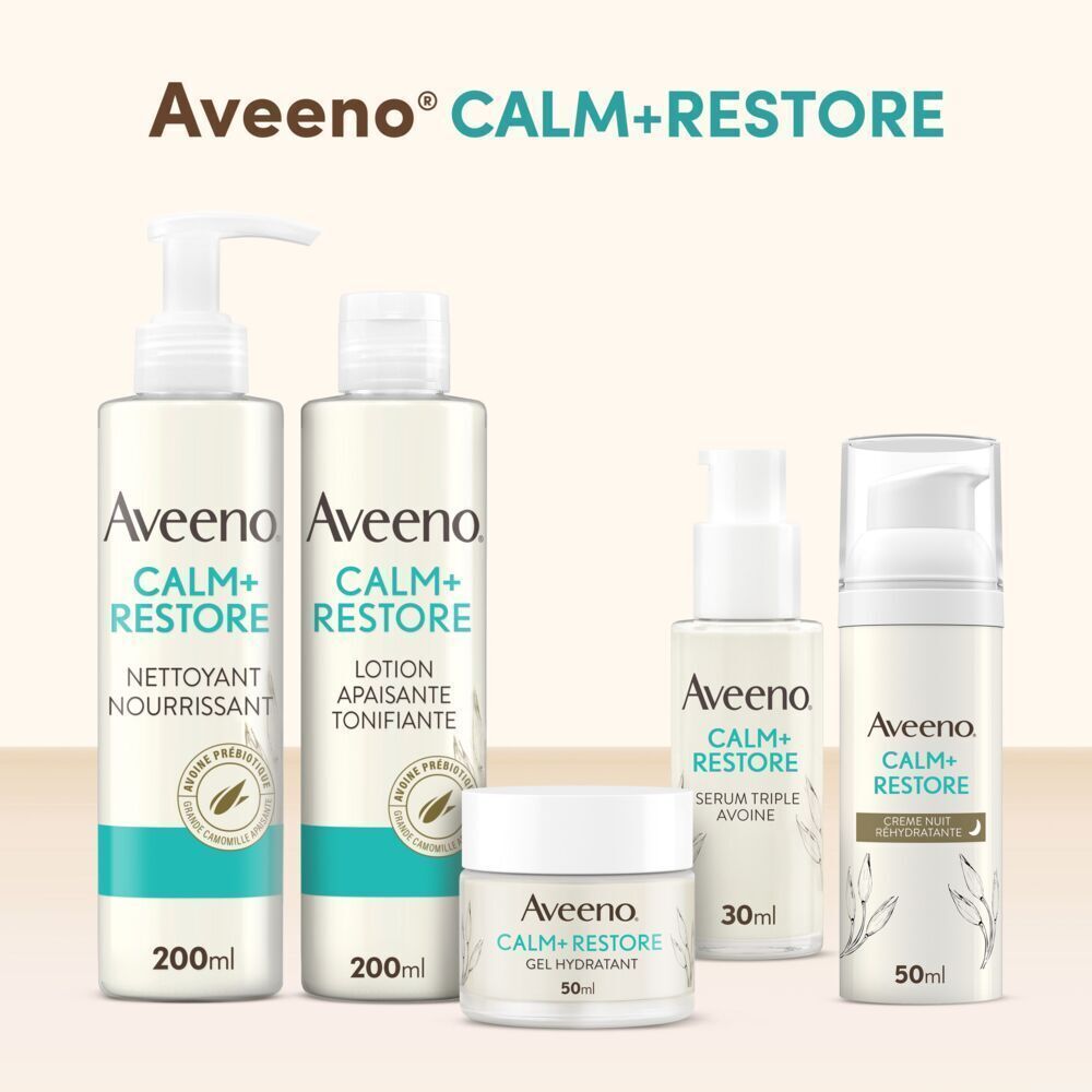 Gamme Aveeno Calm+Restore : Nettoyant, lotion, sérum, gel, crème.