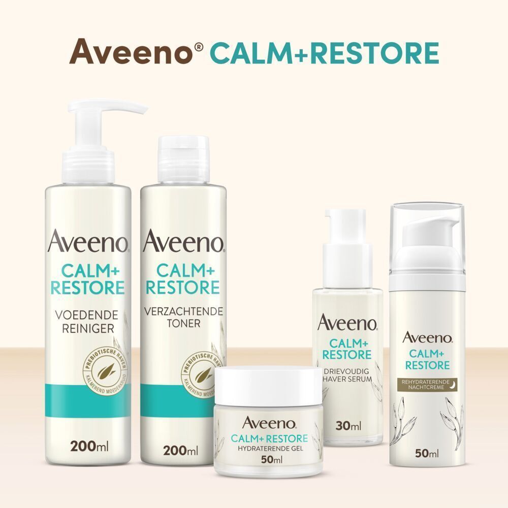 Aveeno Calm+Restore productlijn: Reiniger, lotion, serum, gel, crème.