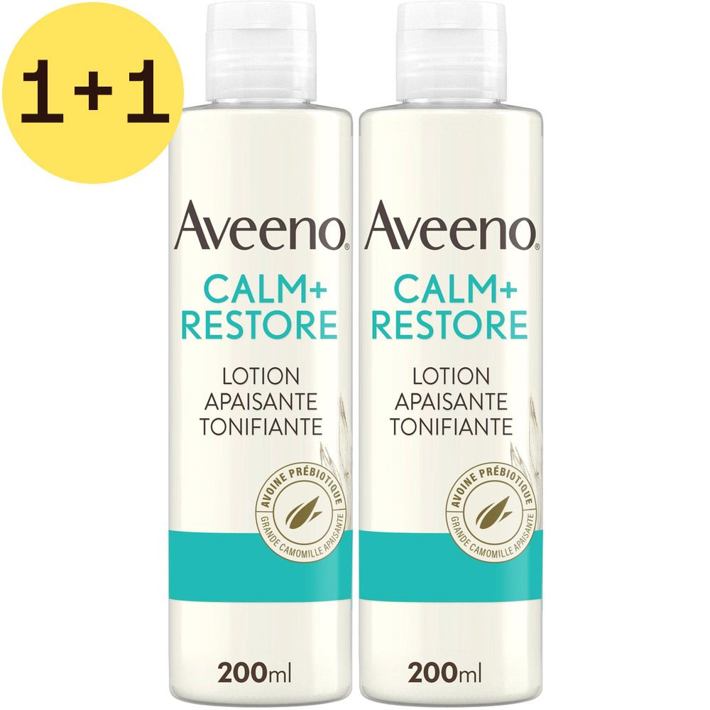 Deux flacons Aveeno Calm+Restore Lotion. Étiquette blanche avec bande turquoise. Autocollant 1+1 gratuit.