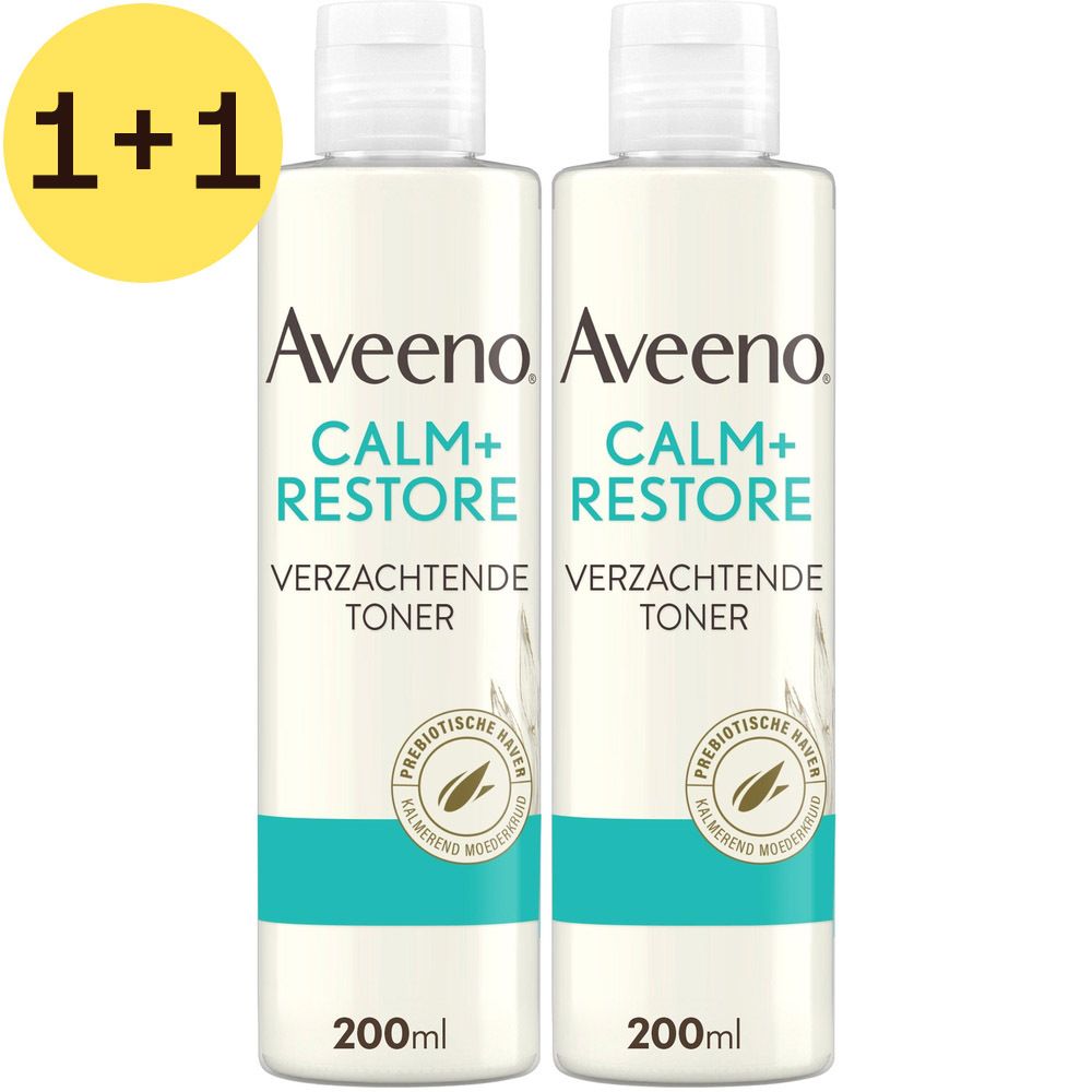 Twee flessen Aveeno Calm+Restore Toner. Wit etiket met turquoise band. 1+1 gratis sticker.