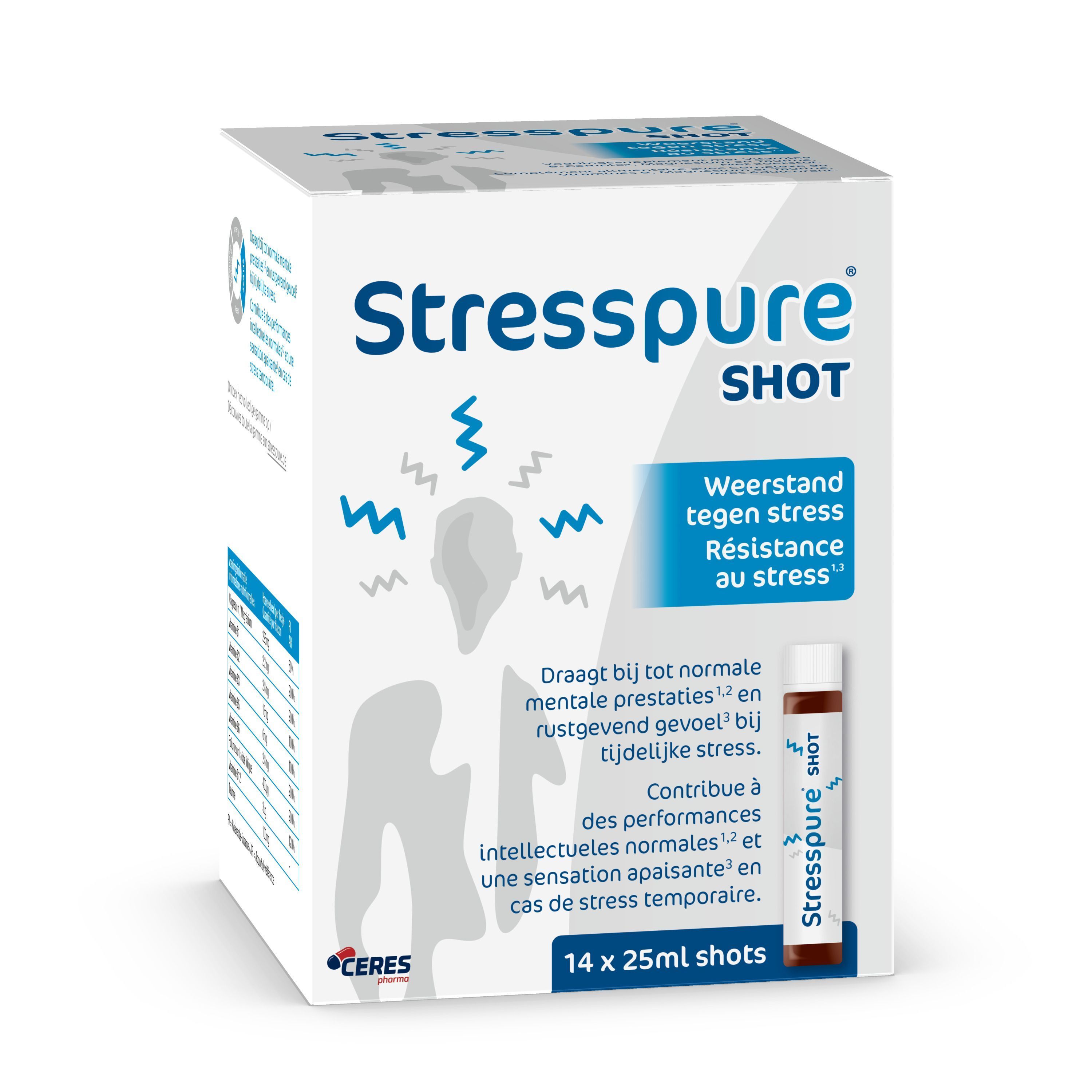 Witte doos met "Stresspure shot". Bevat 14 shots. Blauwe illustraties en tekst. Kleine shot zichtbaar.