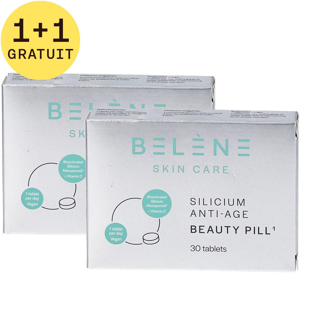 Deux boîtes "BELENE SKIN CARE" et "SILICIUM ANTI-AGE BEAUTY PILL". Autocollant "1+1 GRATUIT". Chaque boîte contient 30 comprimés.