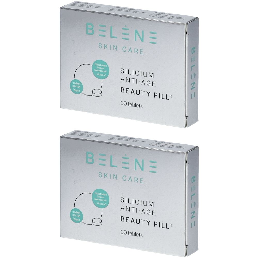 Deux boîtes avec logo "BELENE SKIN CARE" et inscription "SILICIUM ANTI-AGE BEAUTY PILL". Chaque boîte contient 30 comprimés.