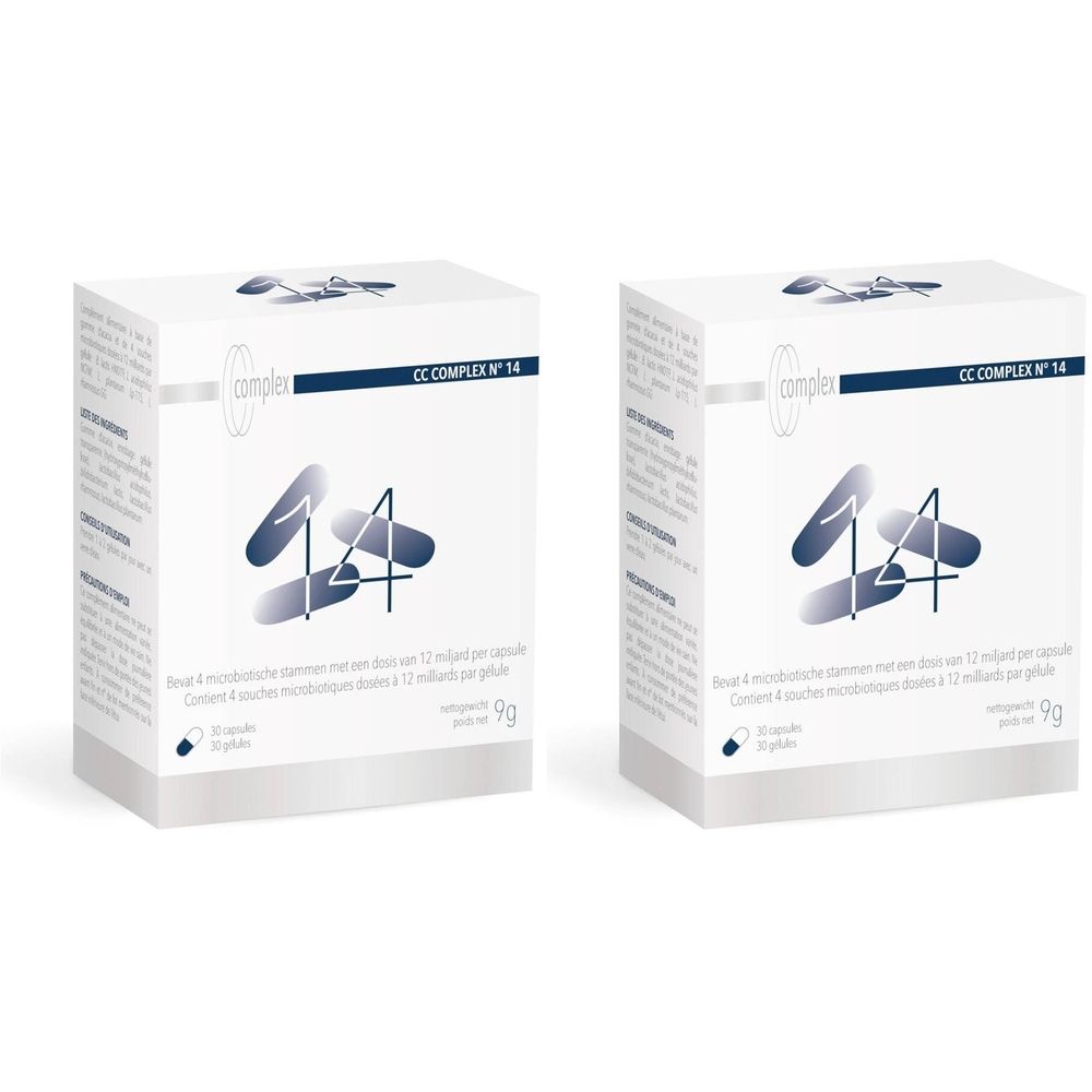 Twee dozen CC Complex N°14. Witte verpakking met blauwe afbeelding en tekst. 30 capsules.