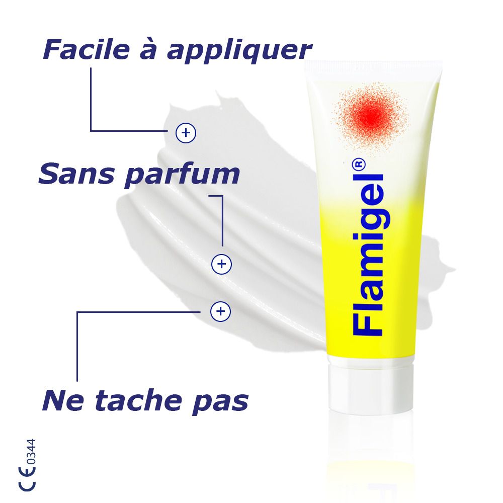 Tube de Flamigel. Jaune avec point rouge. Texte: Facile à appliquer, sans parfum, ne tache pas.