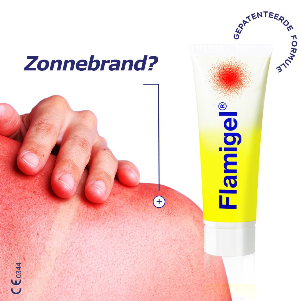 Tube Flamigel. Geel met rode stip. Persoon met zonnebrand op de schouder.