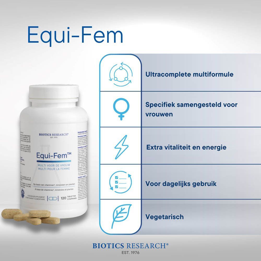 Fles Equi-Fem™ met iconen en teksten: "Ultracomplete multiformule", "Specifiek samengesteld voor vrouwen."