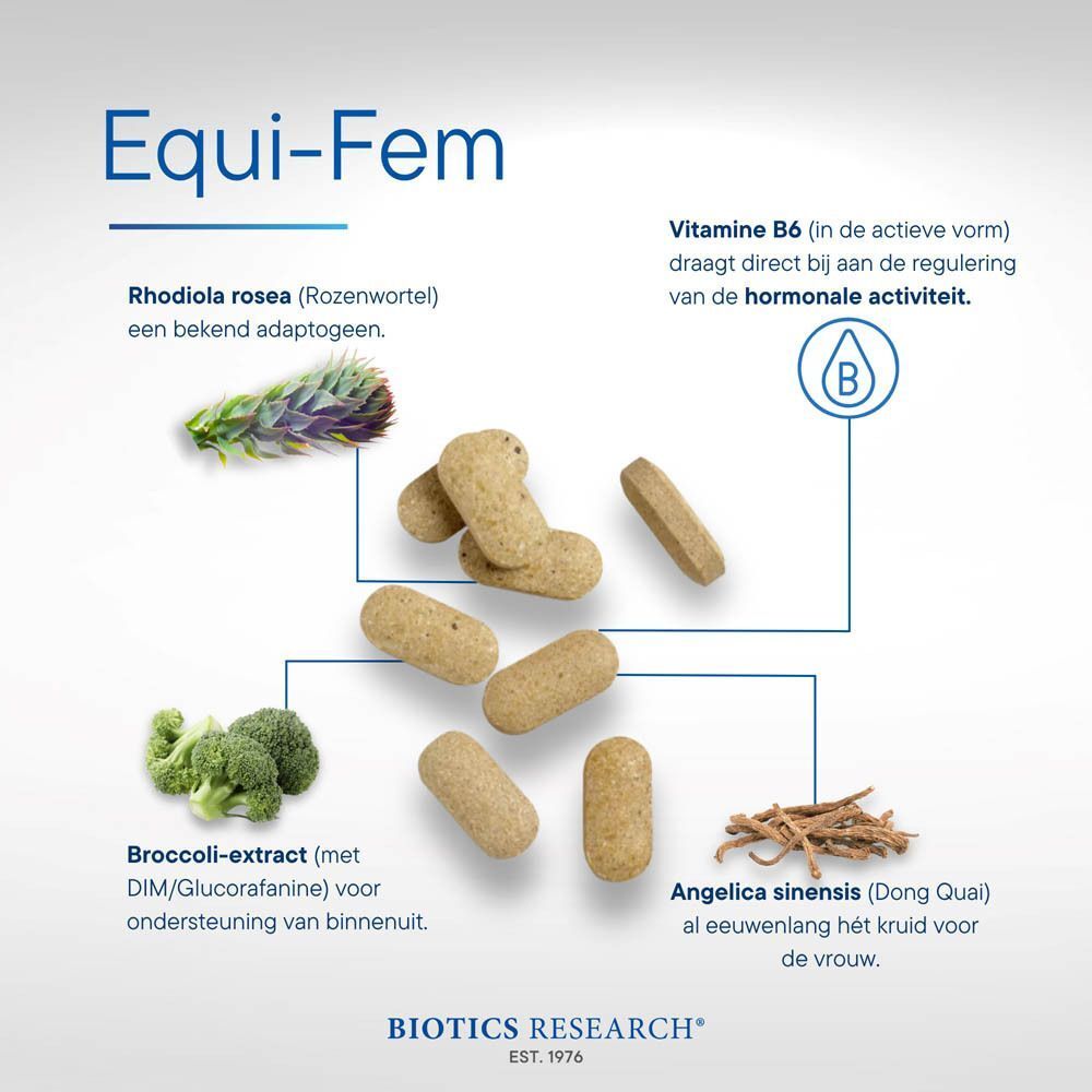 Fles Equi-Fem™ met afbeeldingen van Rhodiola Rosea, broccoli en Angelica Sinensis.